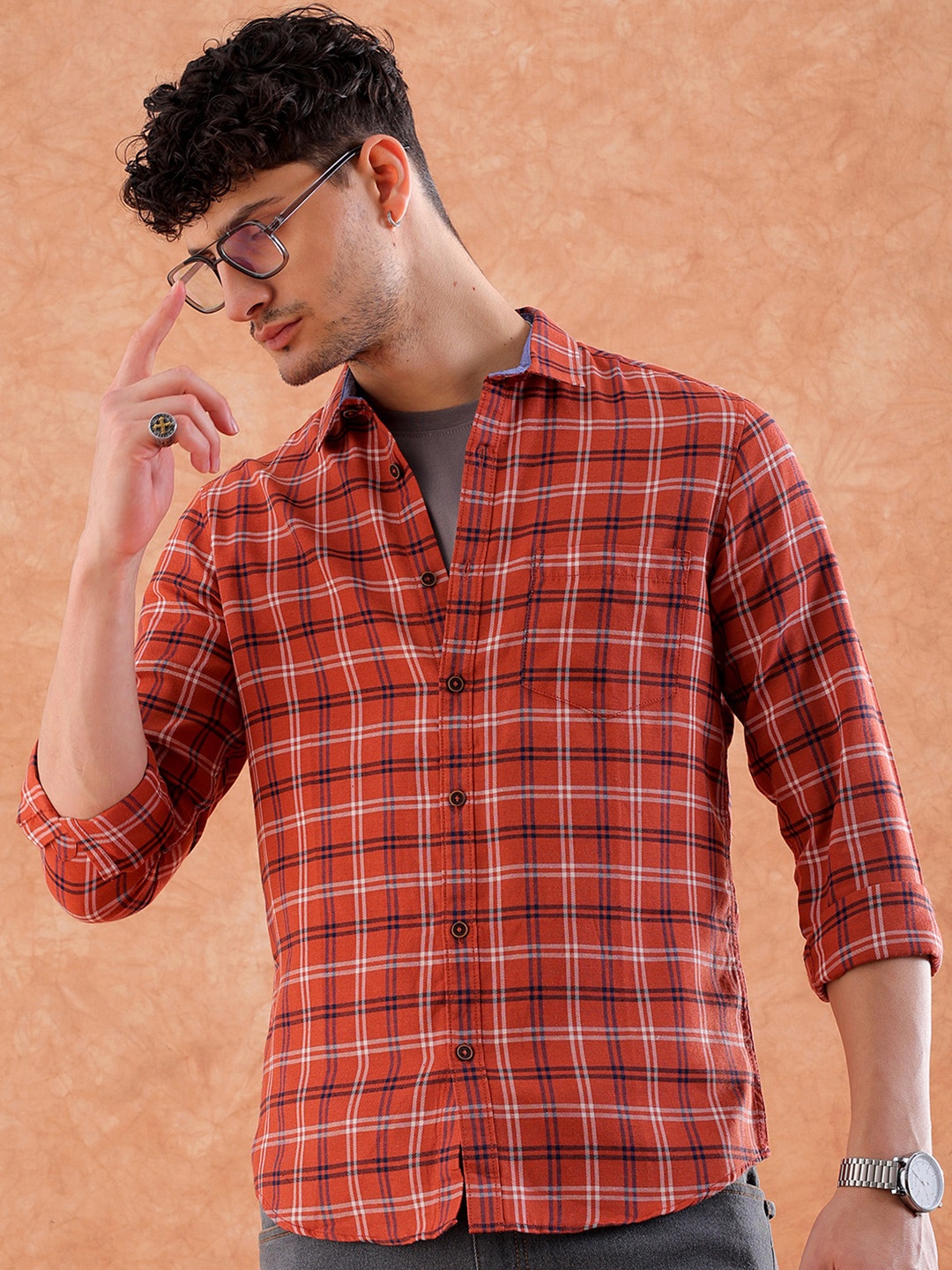 

Hardsoda by The Indian Garage Co Men Rust Slim Fit Checked Casual Shirt