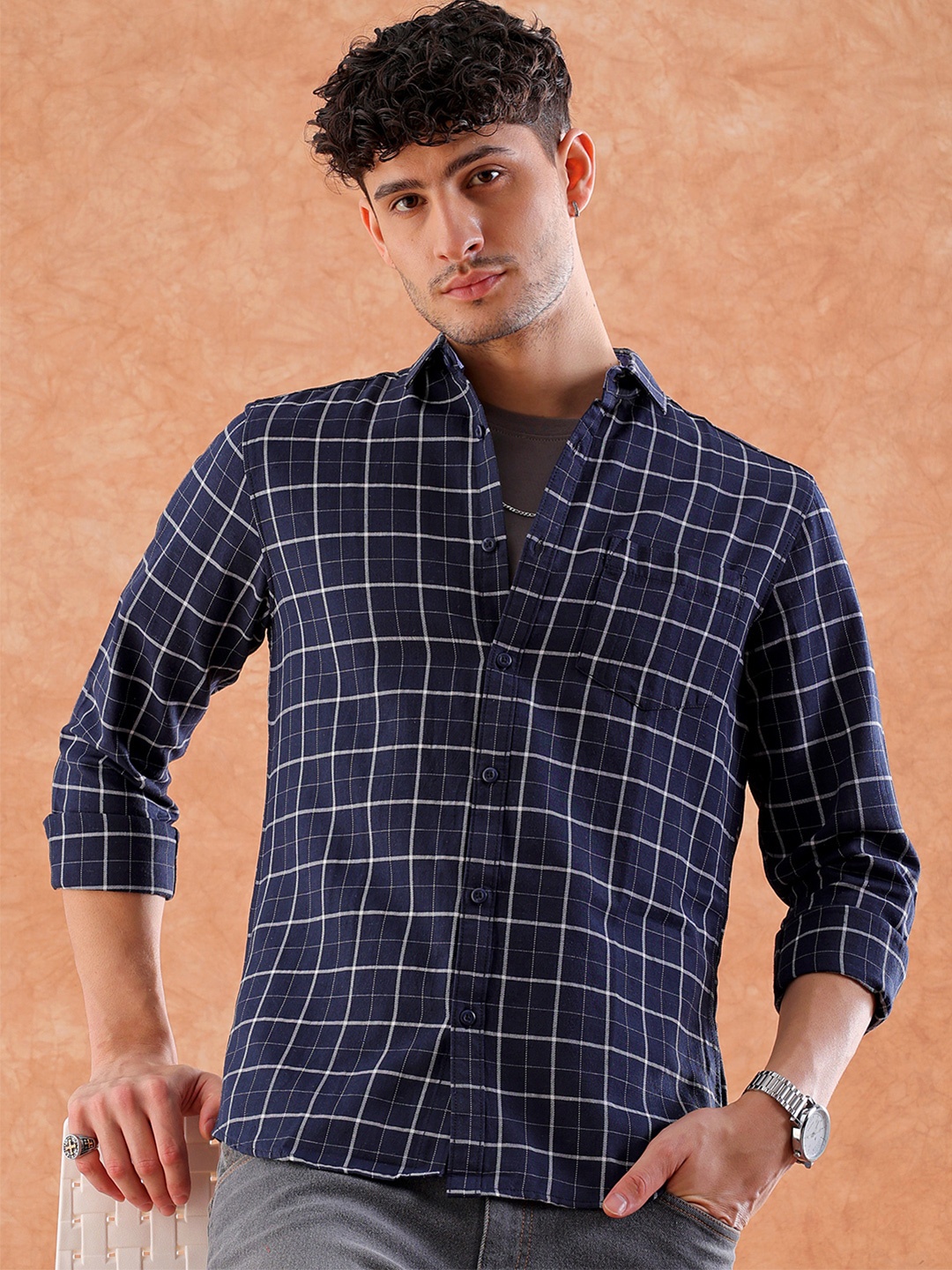 

Hardsoda by The Indian Garage Co Windowpane Checked Cotton Casual Shirt, Navy blue