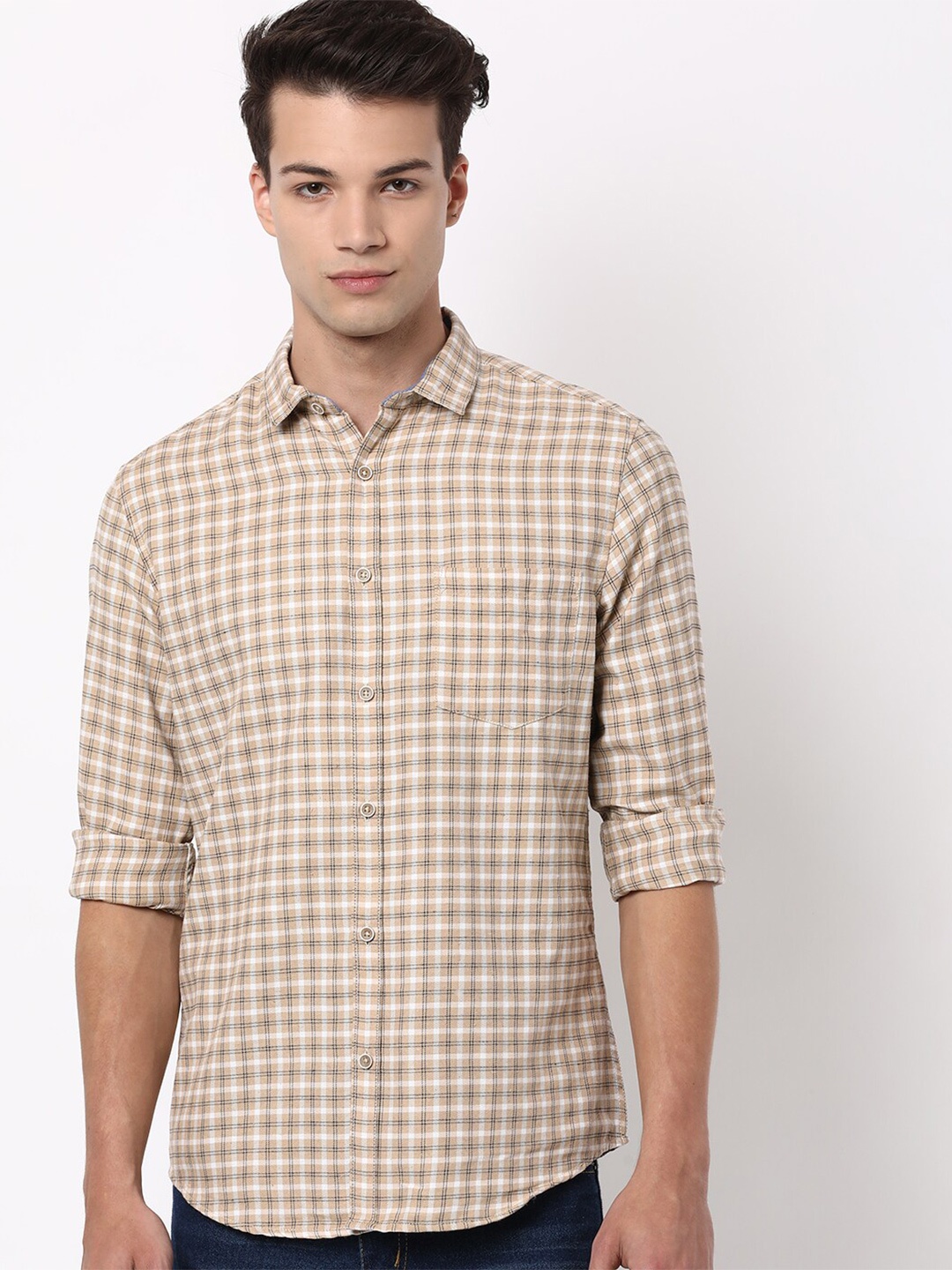 

Hardsoda by The Indian Garage Co Slim Fit Tartan Checked Casual Shirt, Beige