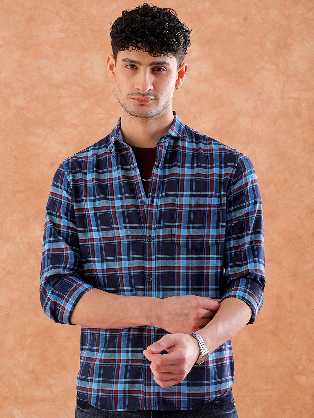 

Hardsoda by The Indian Garage Co Slim Fit Tartan Twill Checked Spread Collar Casual Shirt, Blue