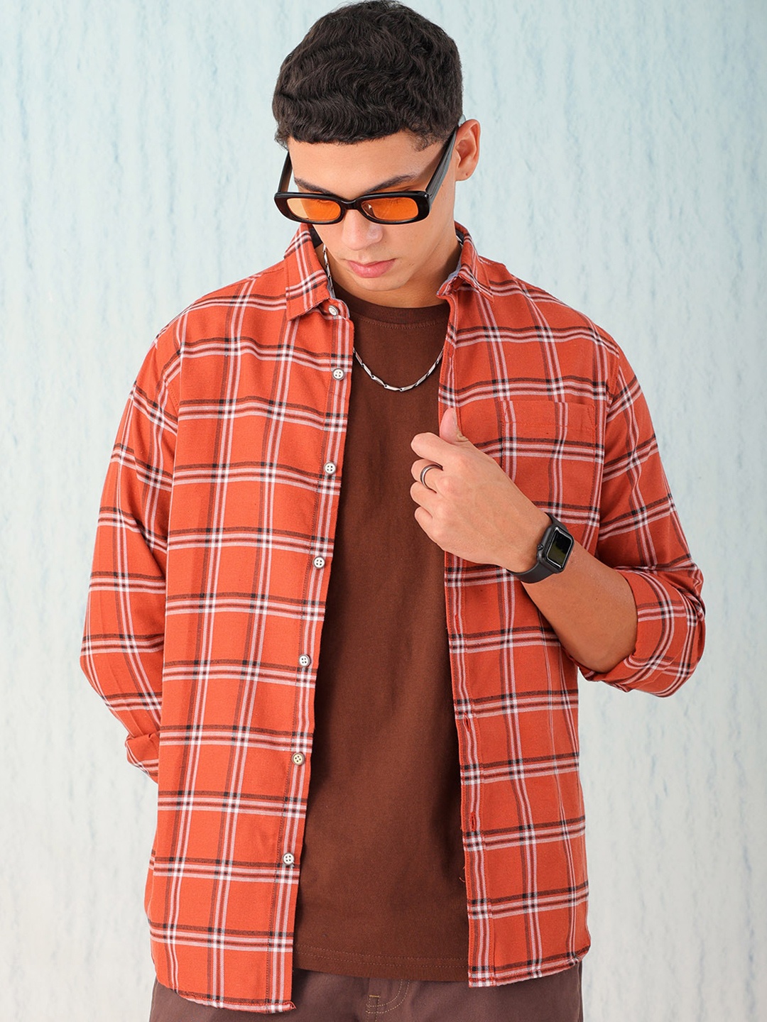 

Hardsoda by The Indian Garage Co Tartan Twill Checked Spread Collar Casual Shirt, Rust