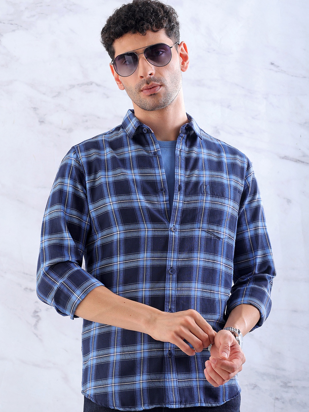 

HARDSODA Tartan Twill Checked Spread Collar Cotton Casual Shirt, Blue