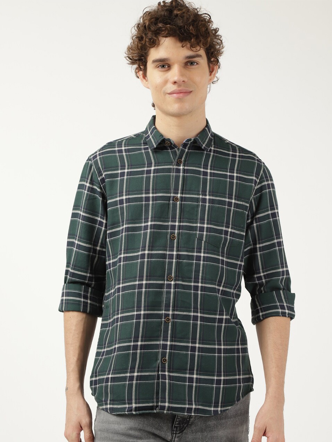 

Hardsoda by The Indian Garage Co Tartan Twill Checked Spread Collar Cotton Casual Shirt, Green