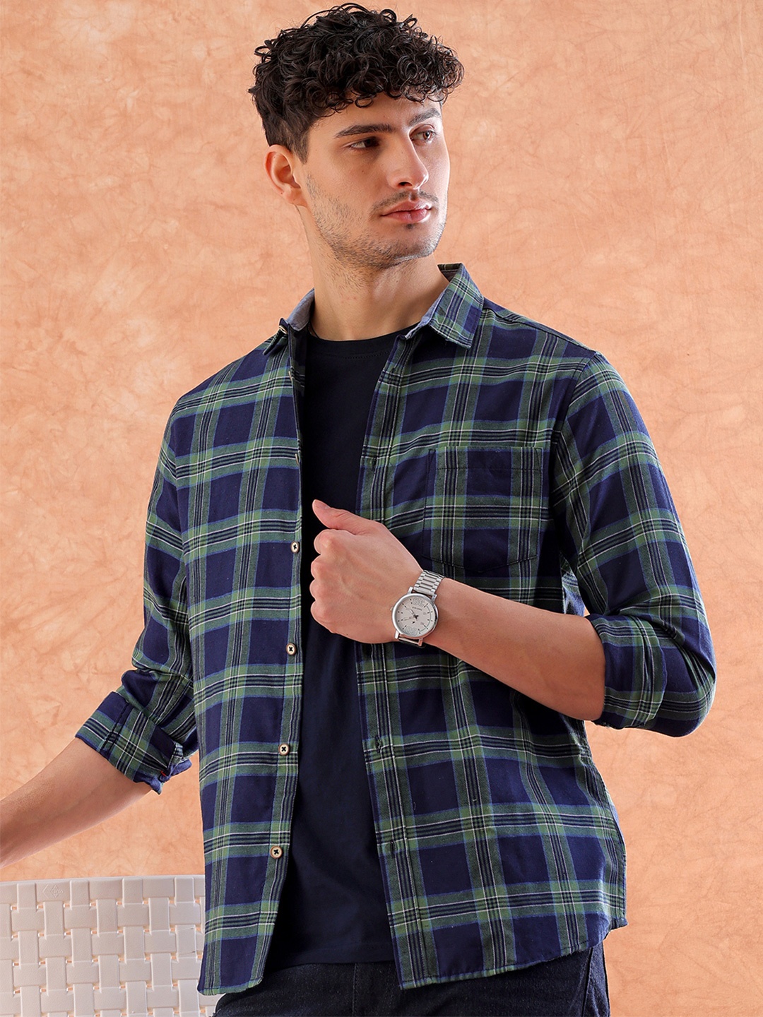 

Hardsoda by The Indian Garage Co Tartan Twill Checked Spread Collar Casual Shirt, Navy blue