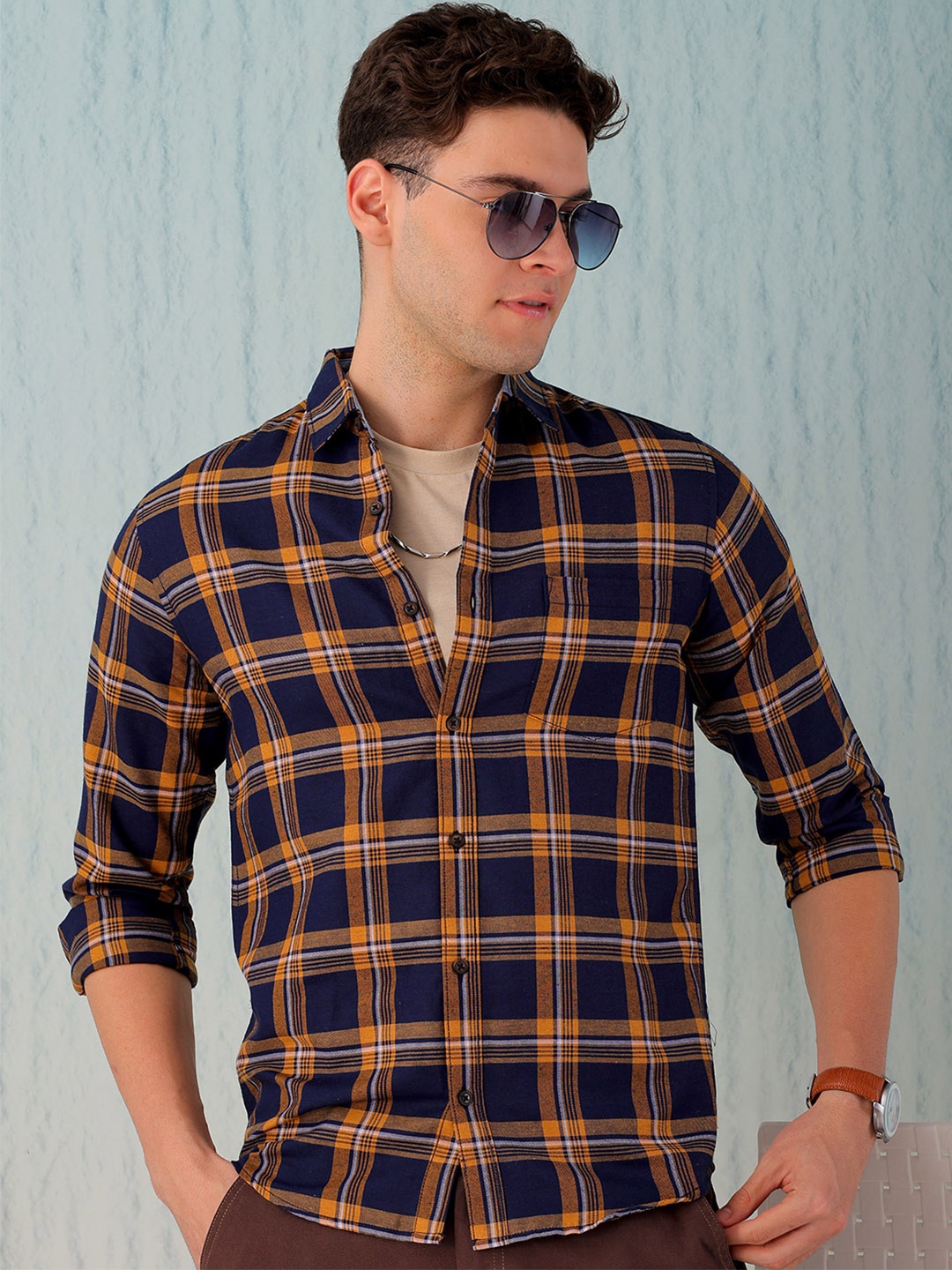 

Hardsoda by The Indian Garage Co Tartan Twill Checked Spread Collar Casual Shirt, Navy blue