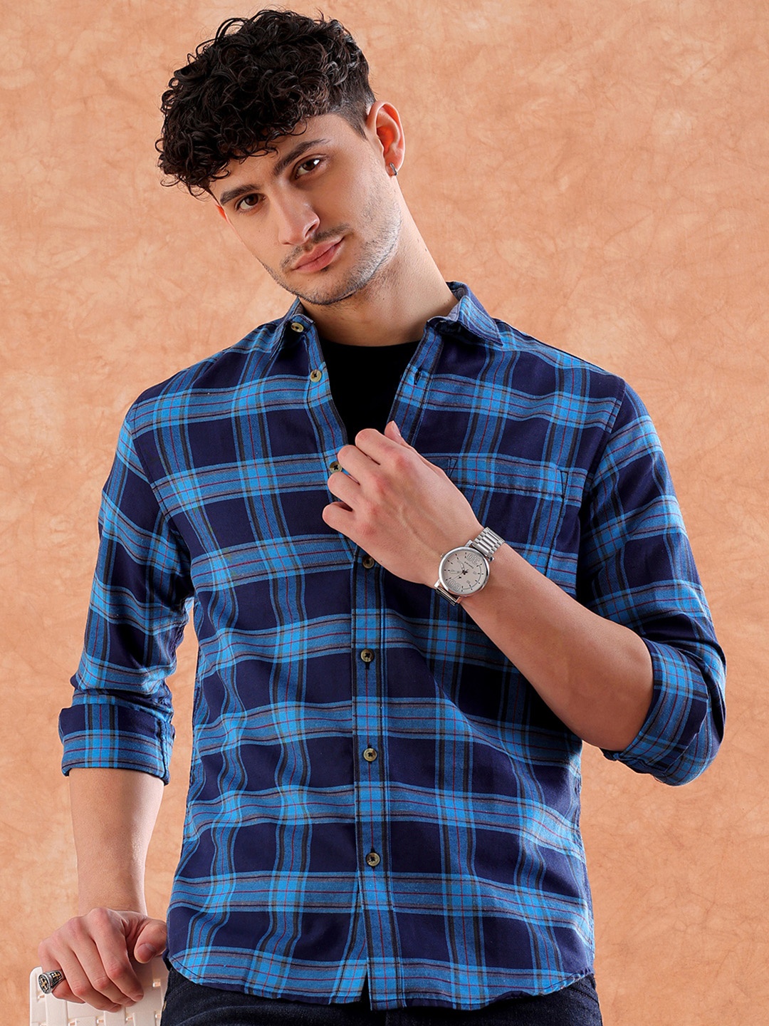 

Hardsoda by The Indian Garage Co Buffalo Checked Spread Collar Twill Casual Shirt, Navy blue