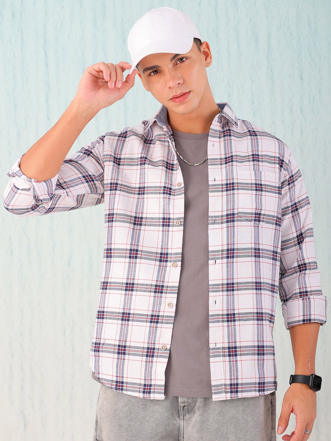 

Hardsoda by The Indian Garage Co Buffalo Checked Spread Collar Twill Casual Shirt, White