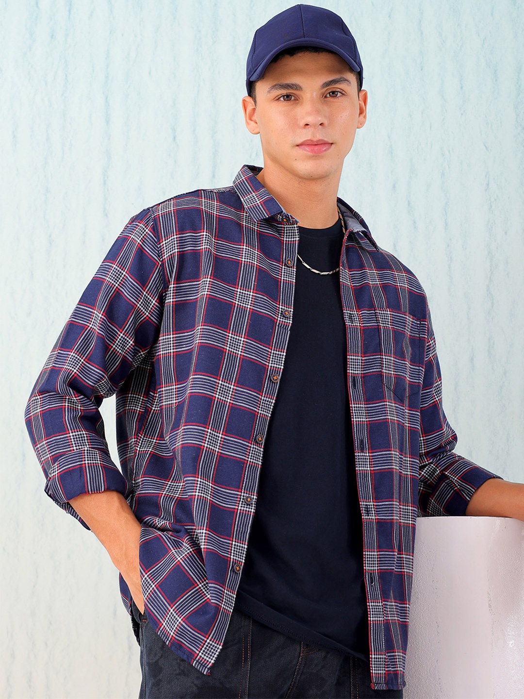 

Hardsoda by The Indian Garage Co Buffalo Checked Spread Collar Twill Casual Shirt, Navy blue