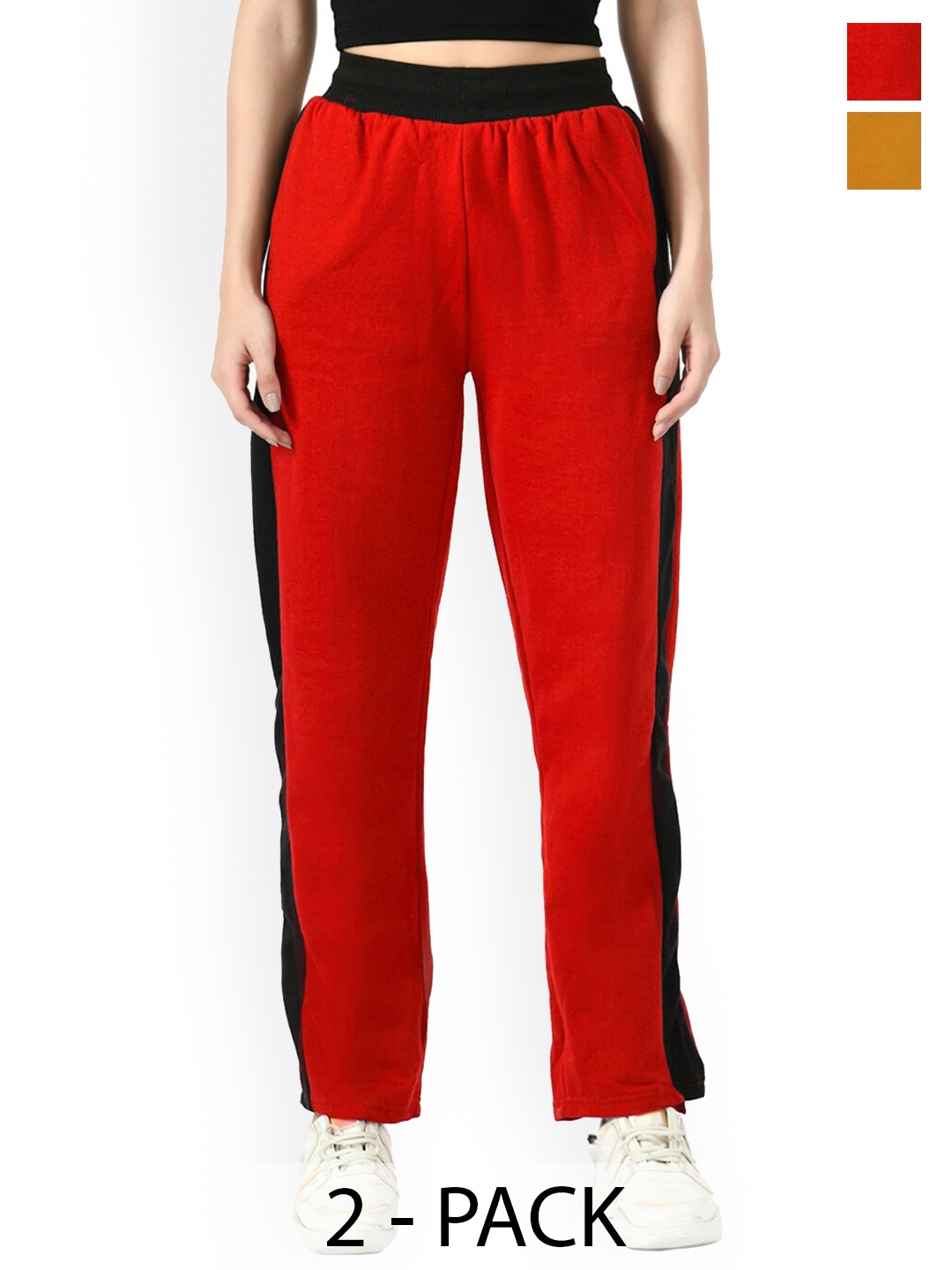 

IndiWeaves Women Pack Of 2 Contrast Panel Fleece Track pant, Red