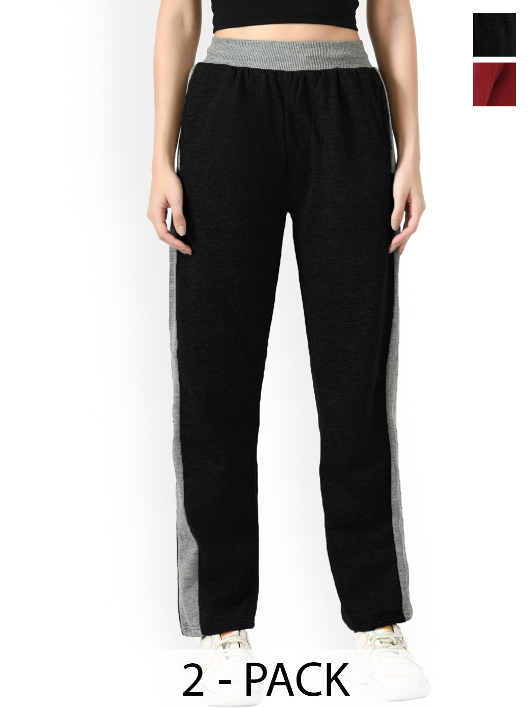 

IndiWeaves Pack Of 2 Contrast Panel Warm Belt Fleece Track pant, Black