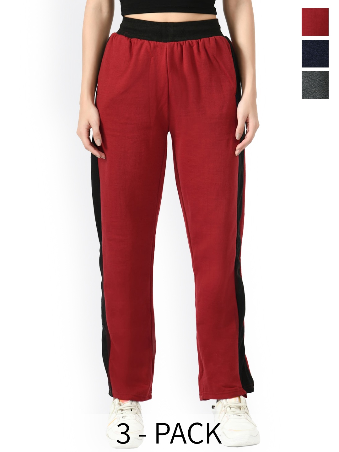 

IndiWeaves Women Pack Of 3 Contrast Panel Fleece Track pant, Black