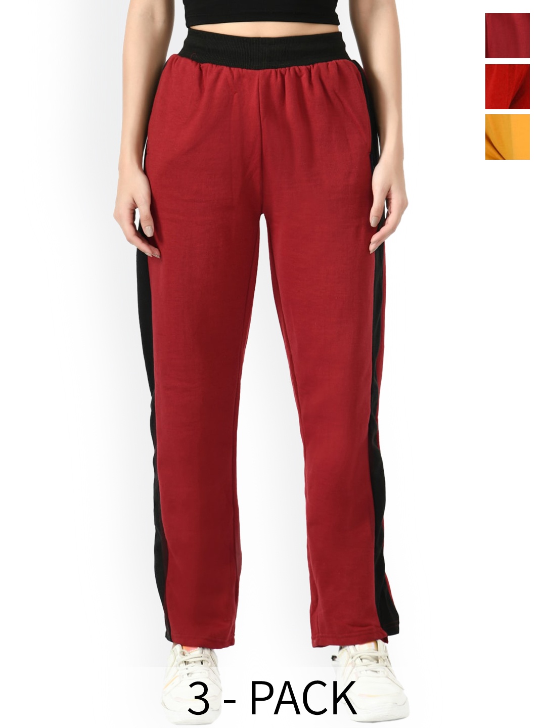 

IndiWeaves Pack Of 3 Contrast Panel Warm Belt Fleece Track pant, Red