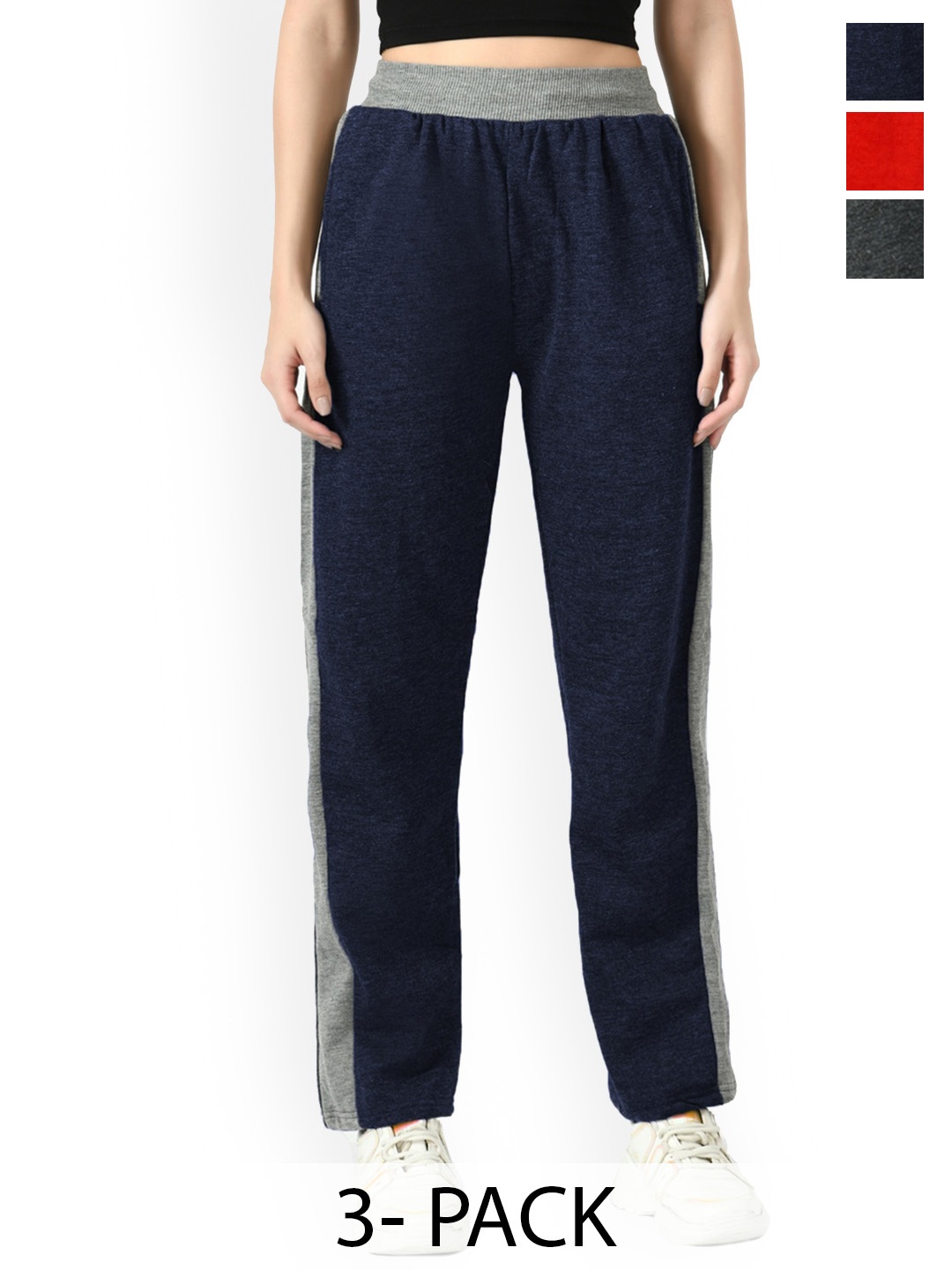 

IndiWeaves Pack Of 3 Contrast Panel Warm Belt Fleece Track pant, Red