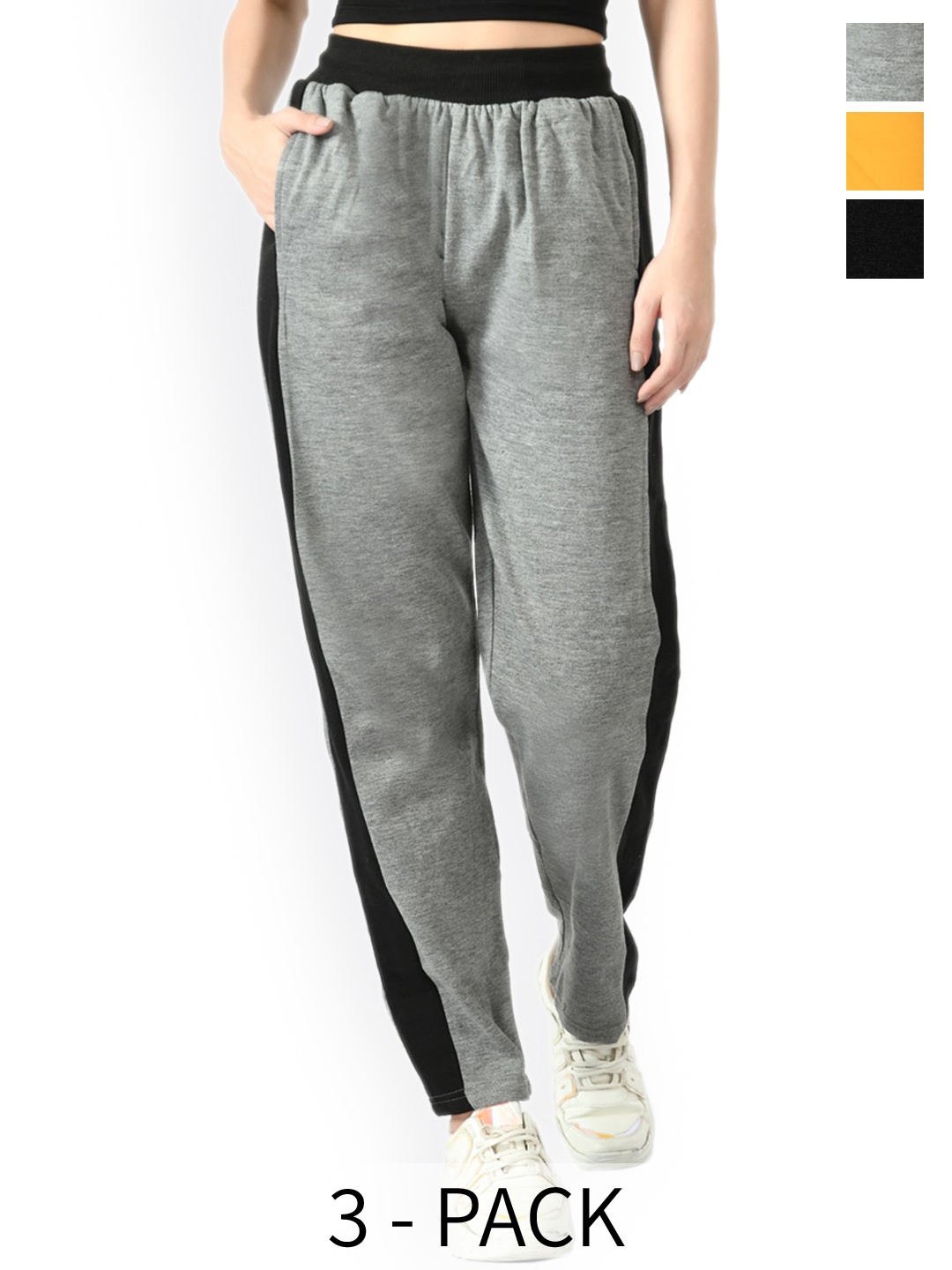 

IndiWeaves Women Pack Of 3 Mid-Rise Fleece Track Pants, Yellow