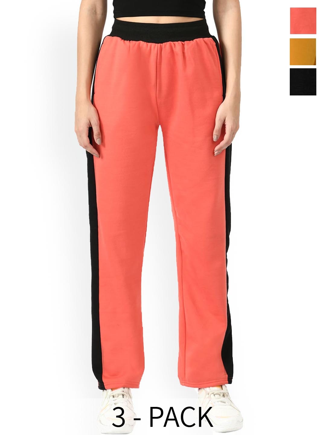 

IndiWeaves Women Pack Of 3 Mid-Rise Fleece Track Pants, Yellow