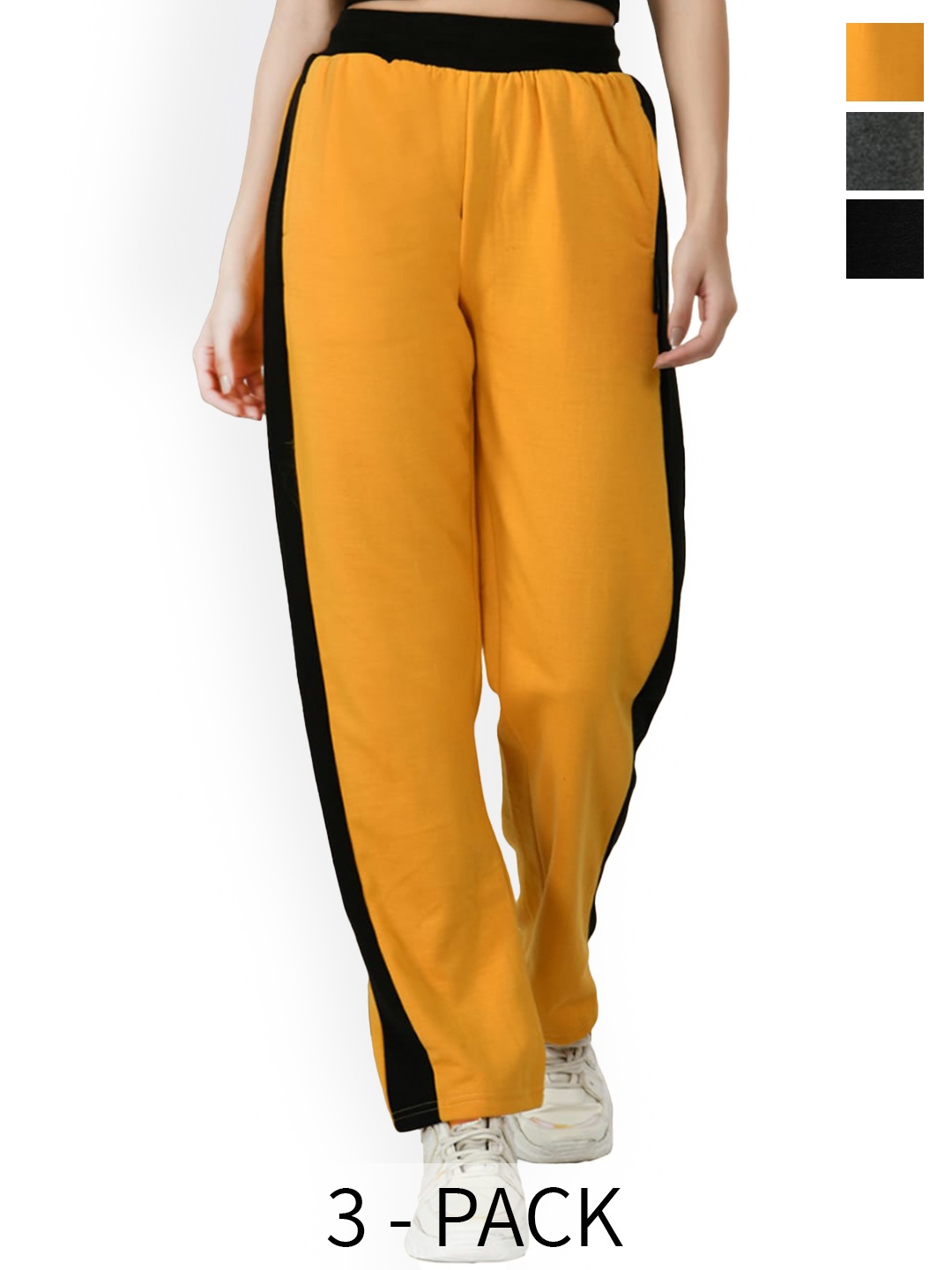 

IndiWeaves Women Pack Of 3 Mid-Rise Fleece Track Pants, Yellow