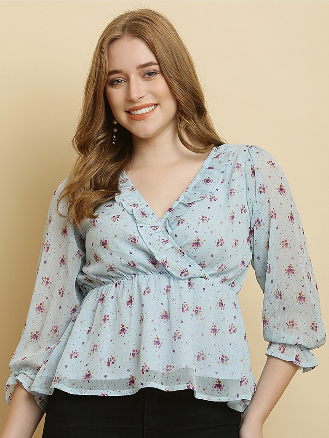 

HERE&NOW Floral Printed Puff Sleeve Chiffon Empire Top, Turquoise blue