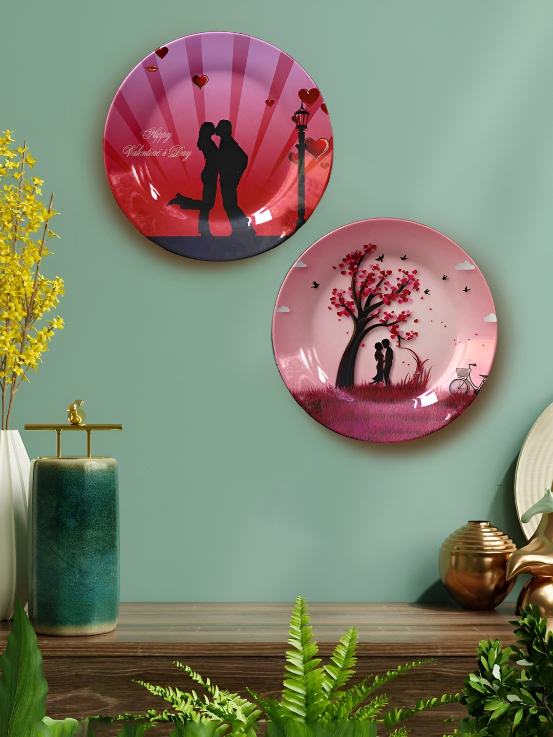 

JIKRAA 2 Pcs Pink & Black Couples Ceramic Wall Plates