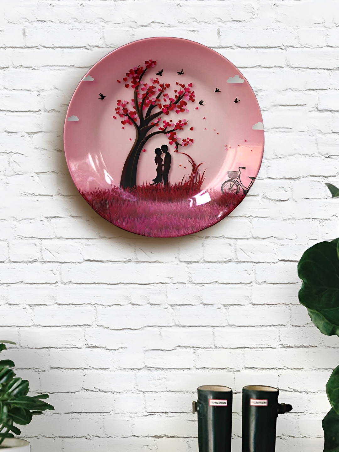 JIKRAA Pink & Black Couple Ceramic Wall Plate, Beige