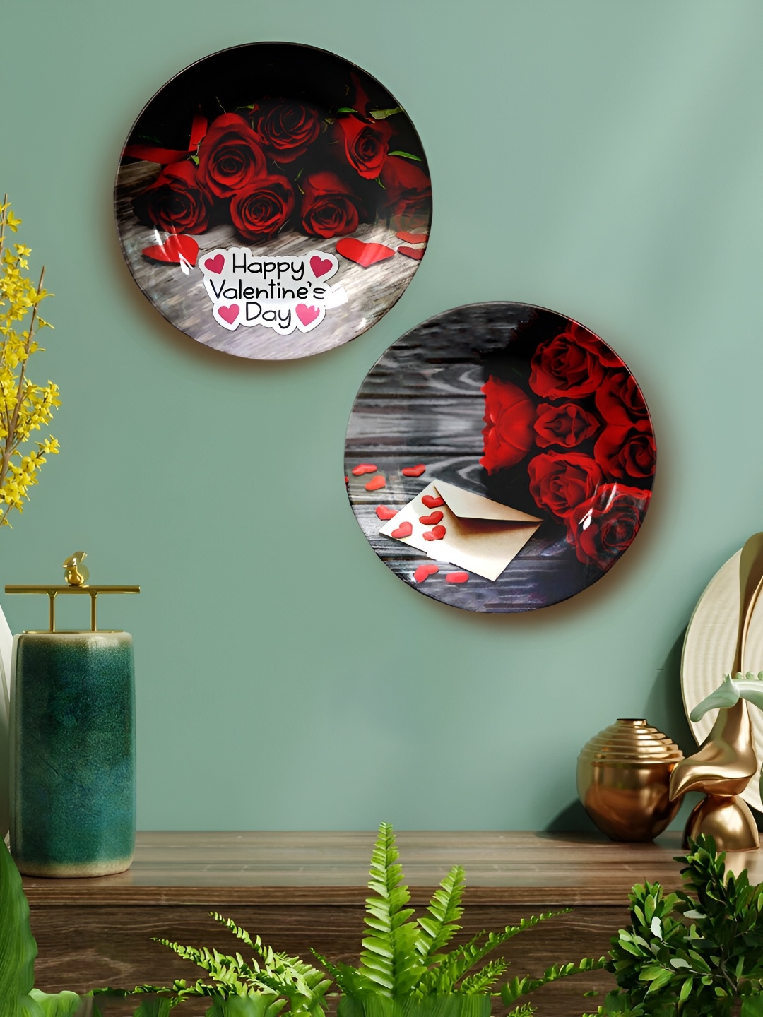 

JIKRAA 2 Pcs Grey & Red Valentine Day Ceramic Wall Hangings, Black