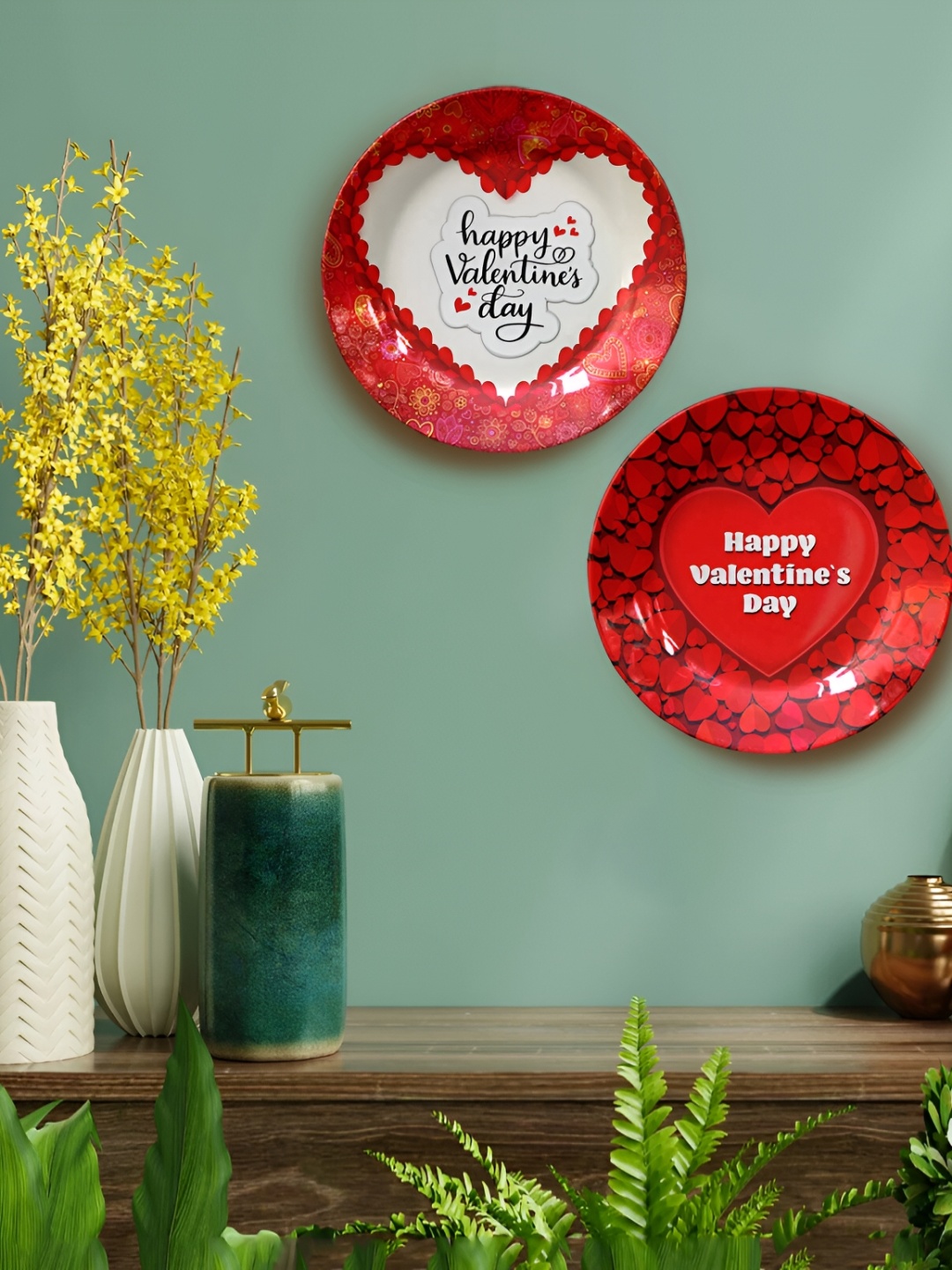 

JIKRAA 2 Pcs Red & White Happy Valentine's Day Ceramic Wall Hanging