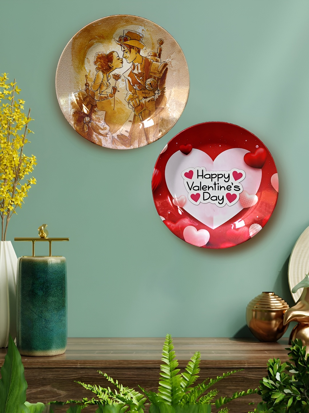 

JIKRAA 2 Pcs Beige & Red Happy Valentine's Day Ceramic Wall Plates