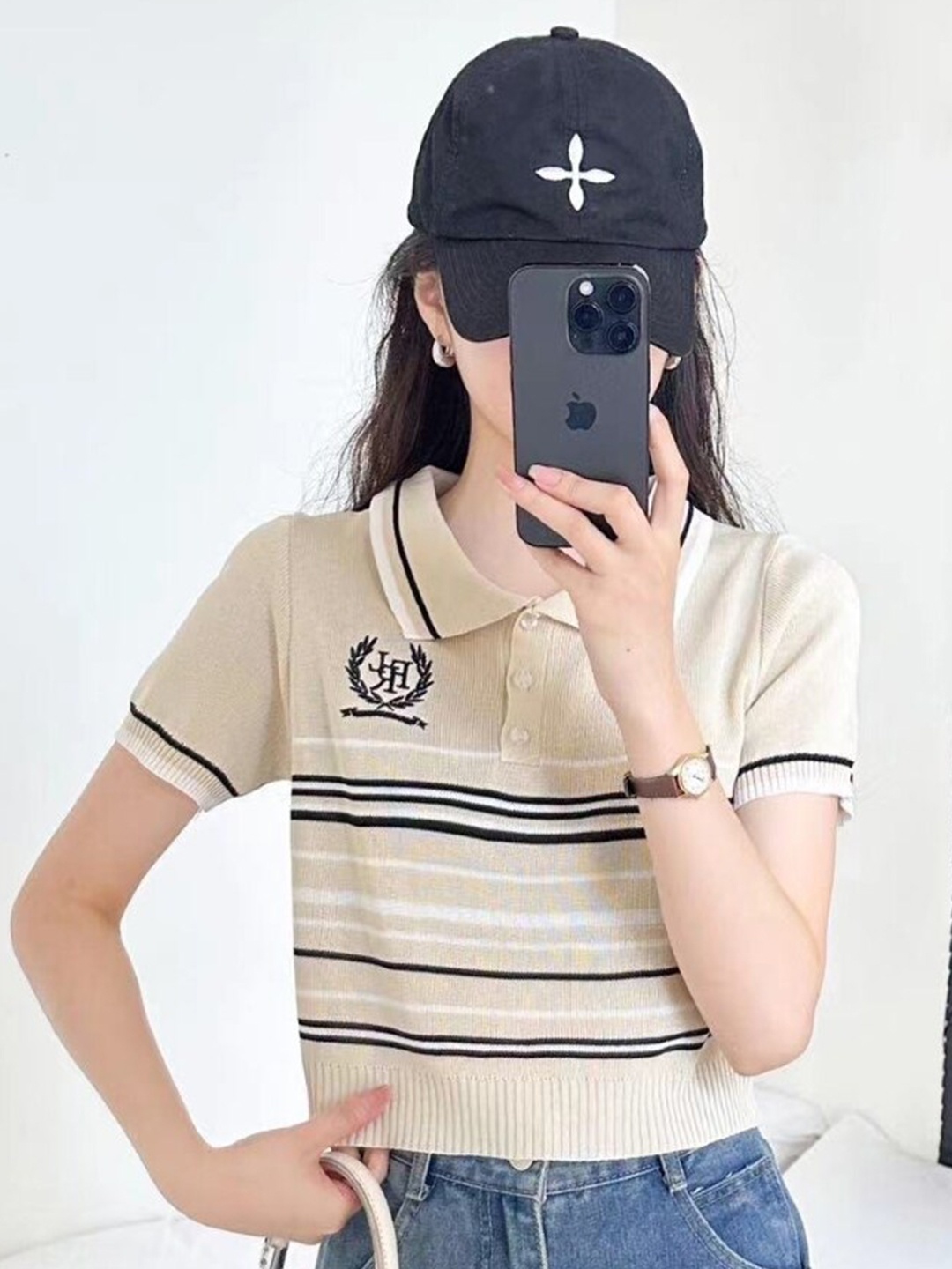

StyleCast Girls Cream-Coloured Striped Polo Collar T-shirt