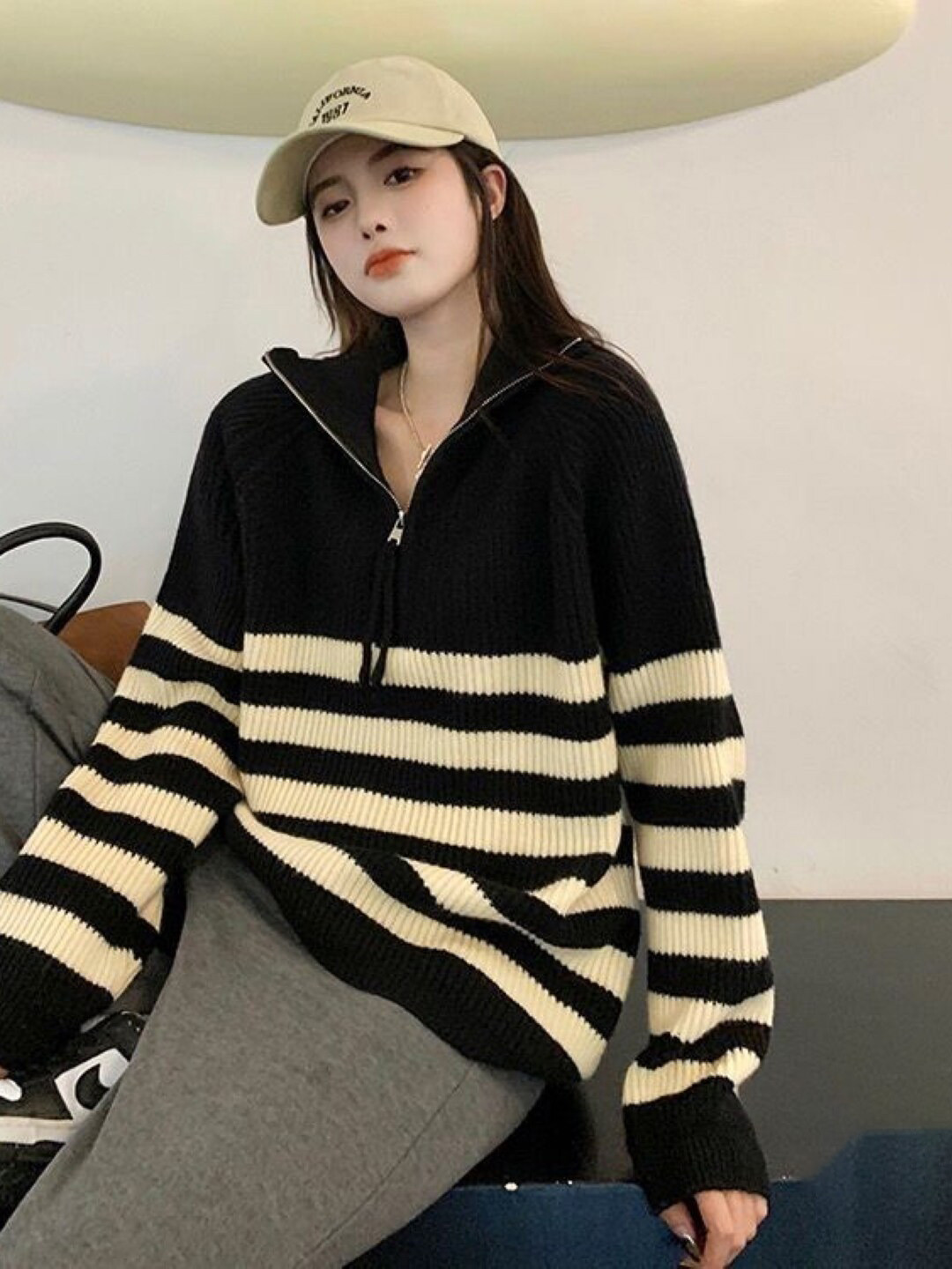 

StyleCast Cream Coloured Teen Girls Horizontal Striped Shirt Collar Top