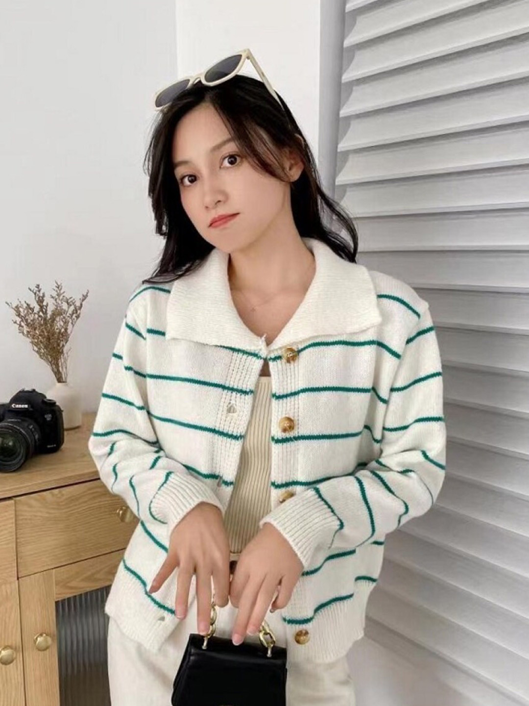 

StyleCast Girls White Shirt Collar Horizontal Striped Cardigan Sweater