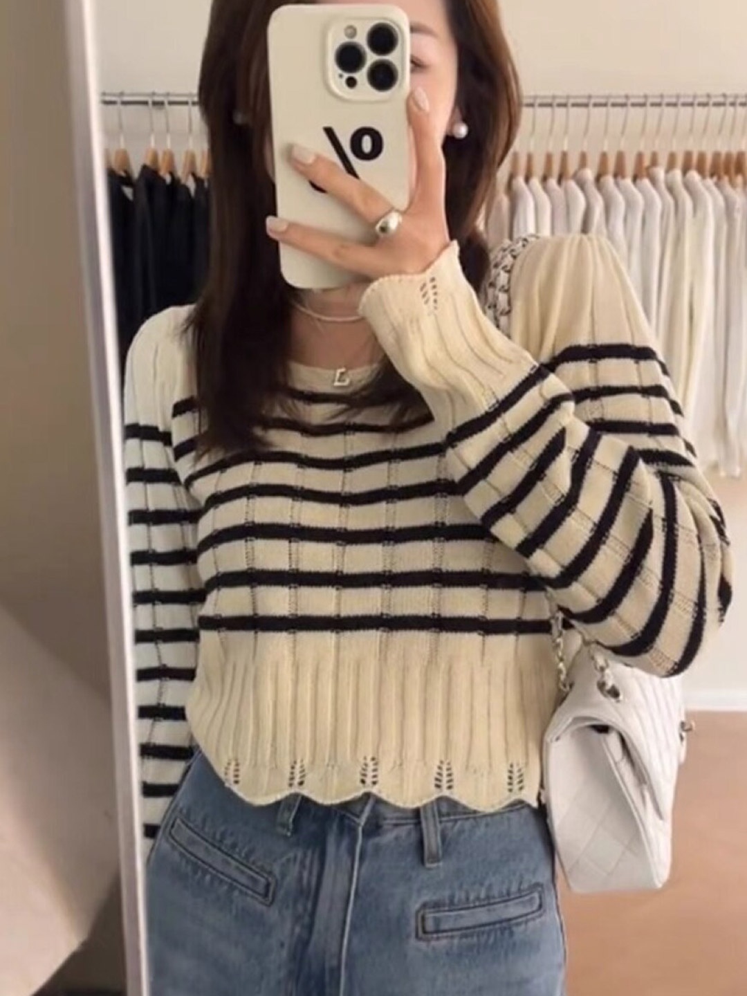 

StyleCast Girls Cream-Coloured Horizontal Stripes Round Neck Long Sleeves Crop Top