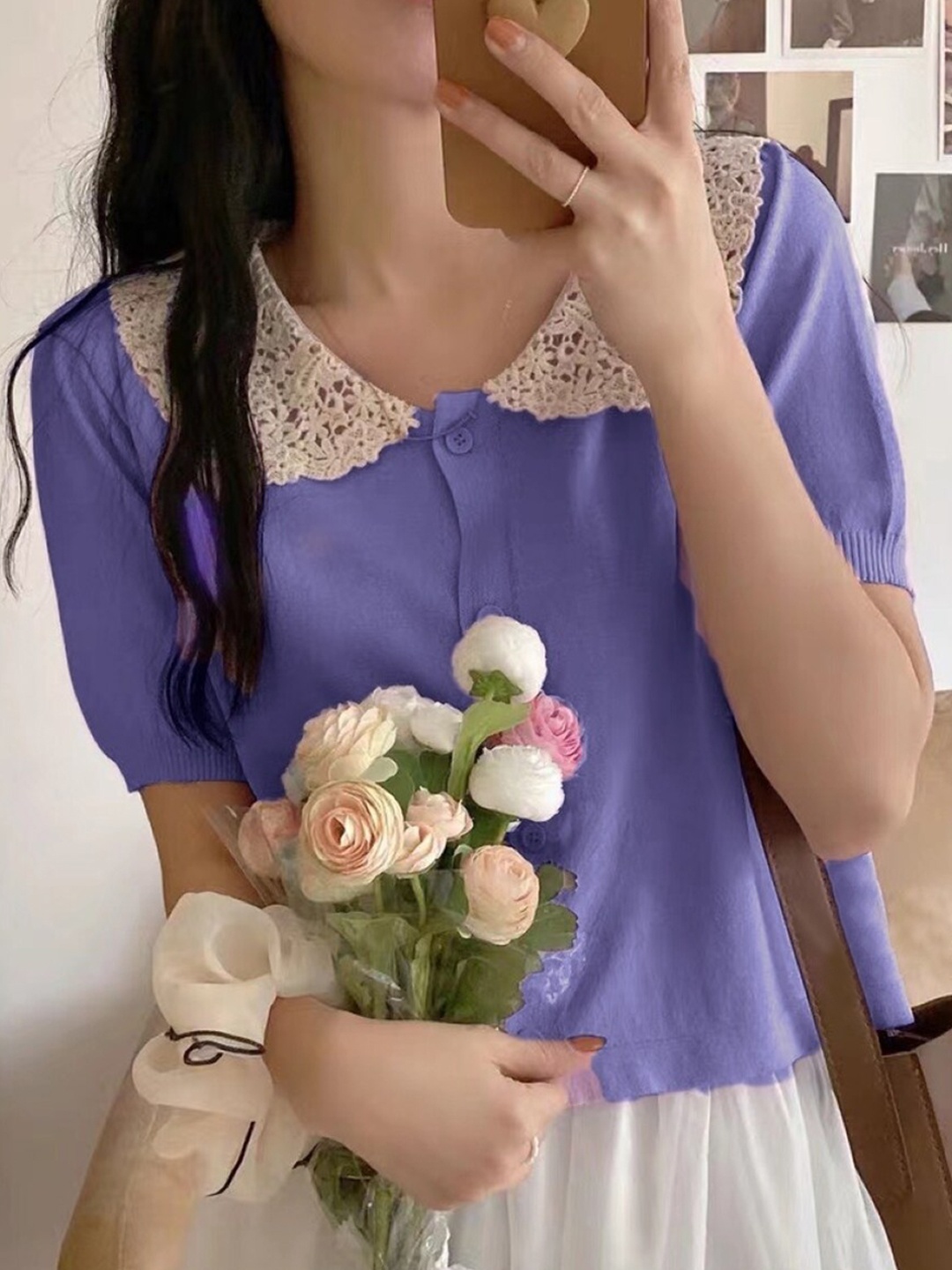 

StyleCast Girls Purple Peter Pan Collar Puff Sleeves Lace Inserts Shirt Style Top