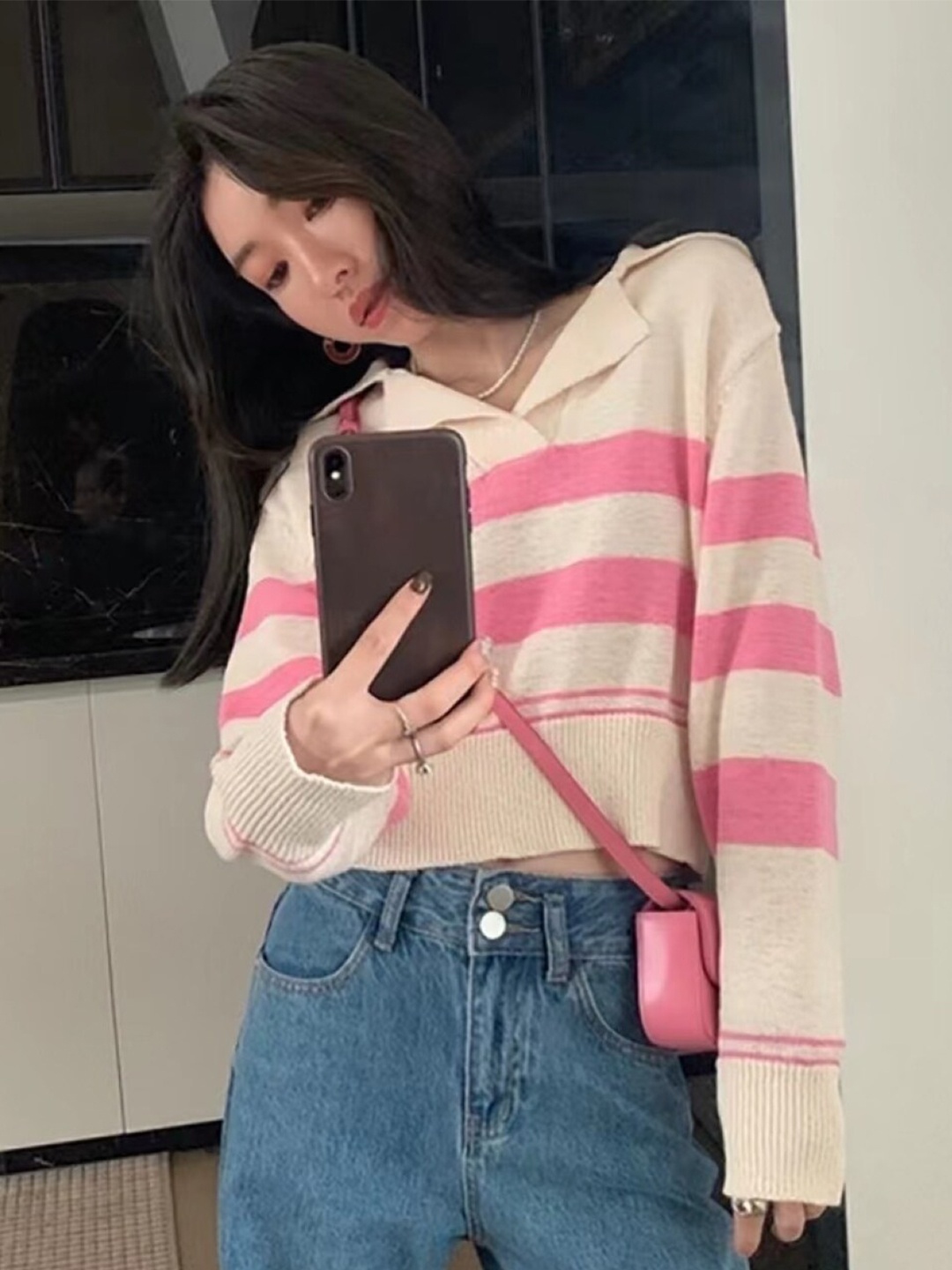

StyleCast Pink & White Horizontal Striped Shirt Collar Top