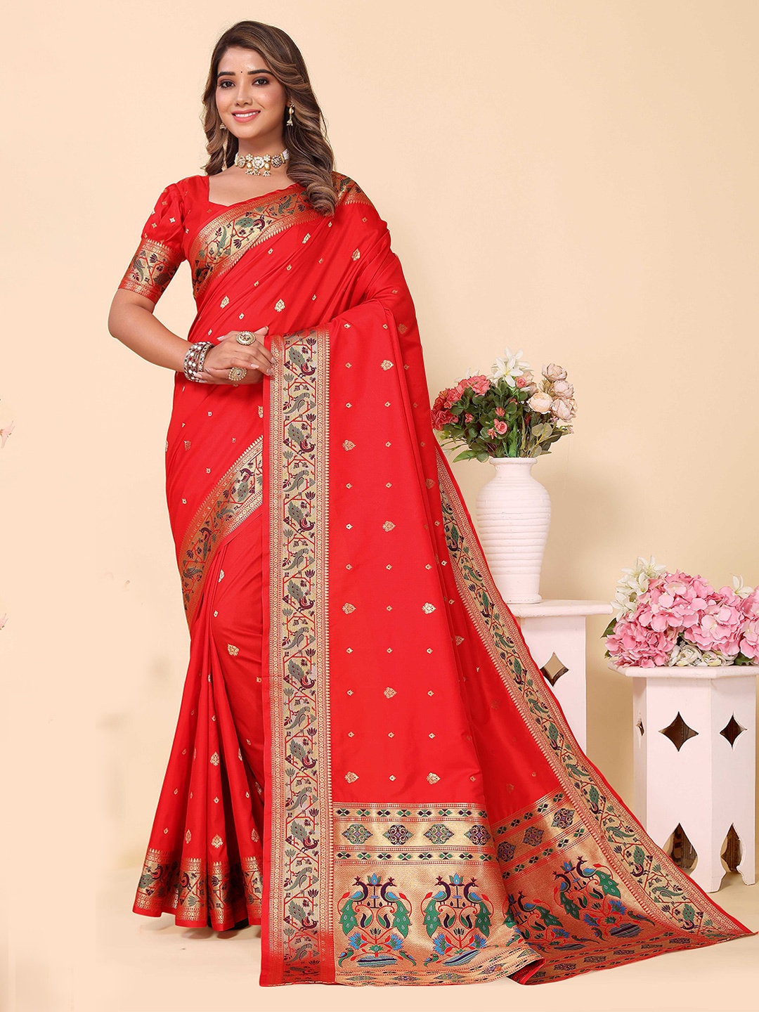 

Ekta Textiles Ethnic Motifs Woven Design Zari Pure Silk Ready to Wear Banarasi Saree, Red