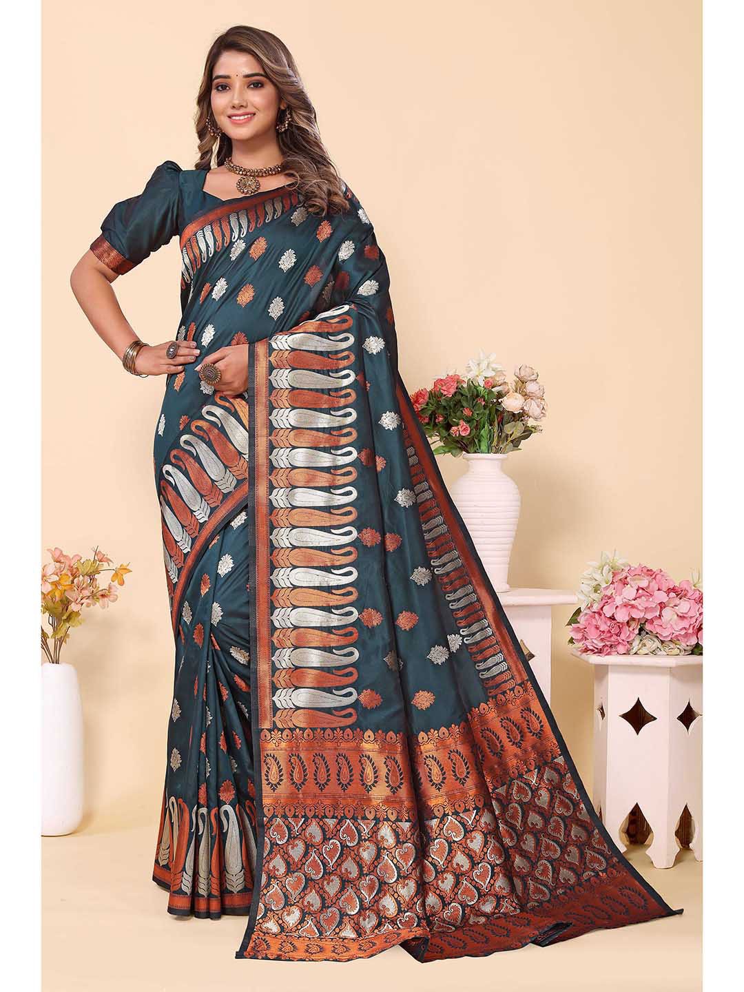 

Ekta Textiles Ethnic Motifs Woven Design Zari Pure Silk Ready to Wear Banarasi Saree, Grey