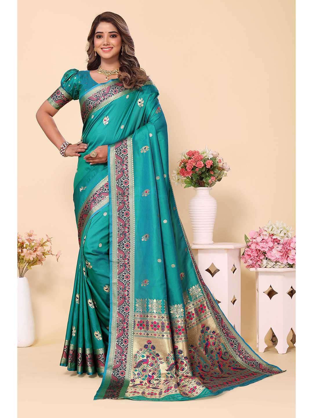

Ekta Textiles Ethnic Motifs Woven Design Zari Pure Silk Ready to Wear Banarasi Saree, Turquoise blue