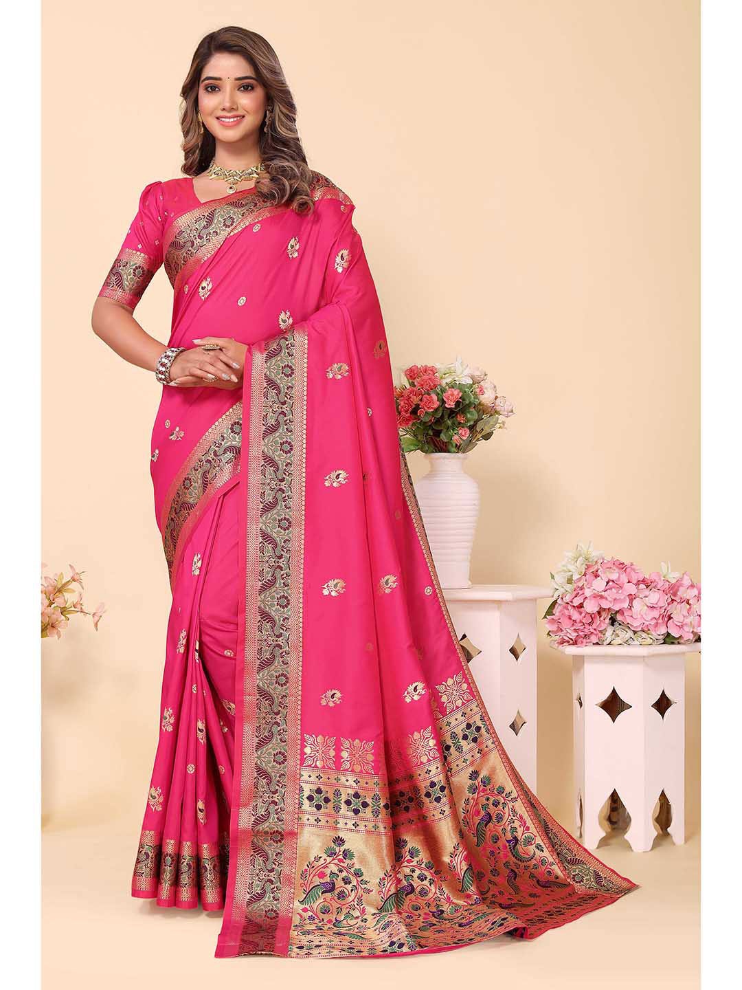 

Ekta Textiles Ethnic Motifs Woven Design Zari Pure Silk Banarasi Saree, Pink