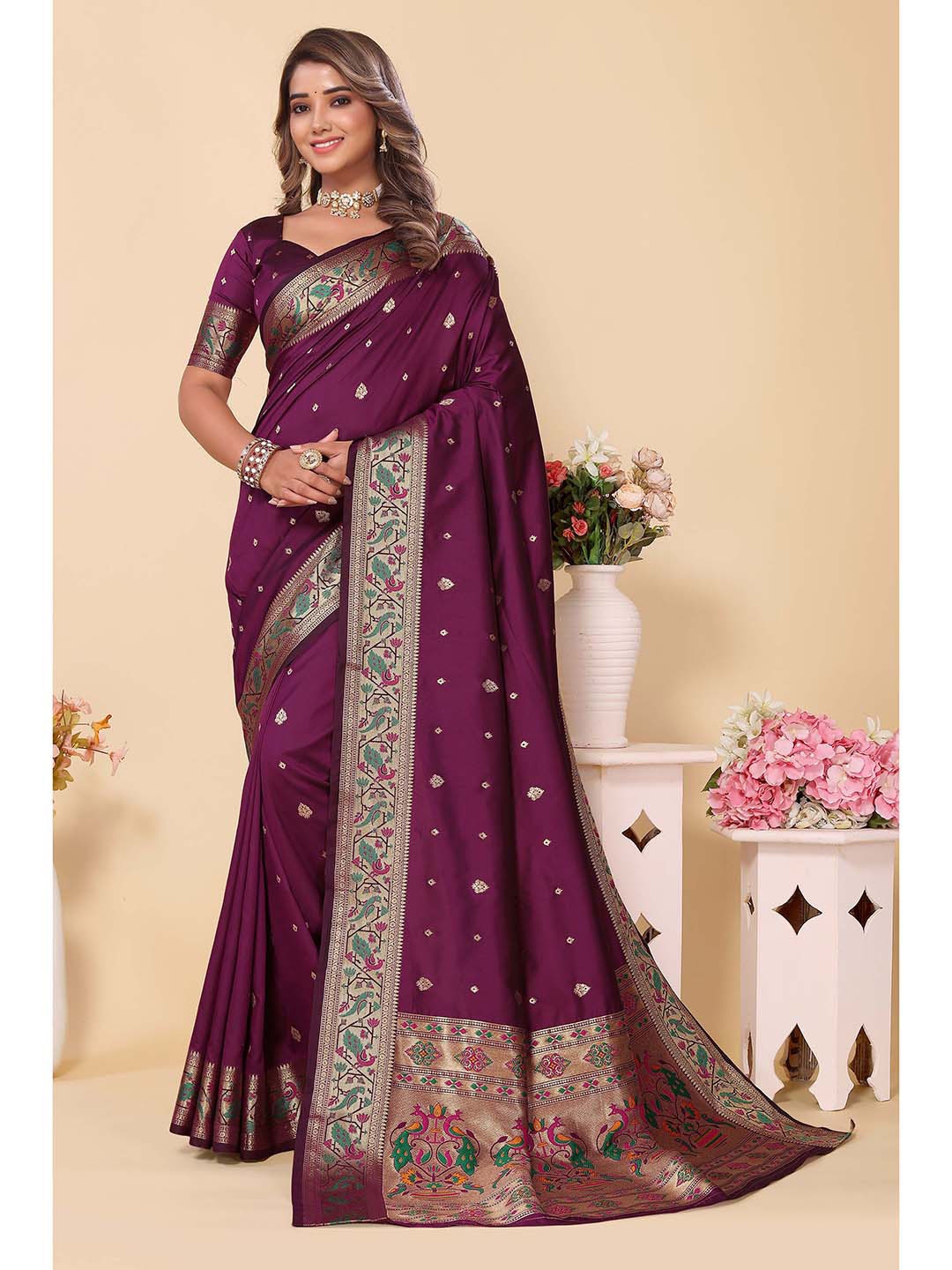 

Ekta Textiles Ethnic Motifs Woven Design Zari Pure Silk Banarasi Saree, Purple