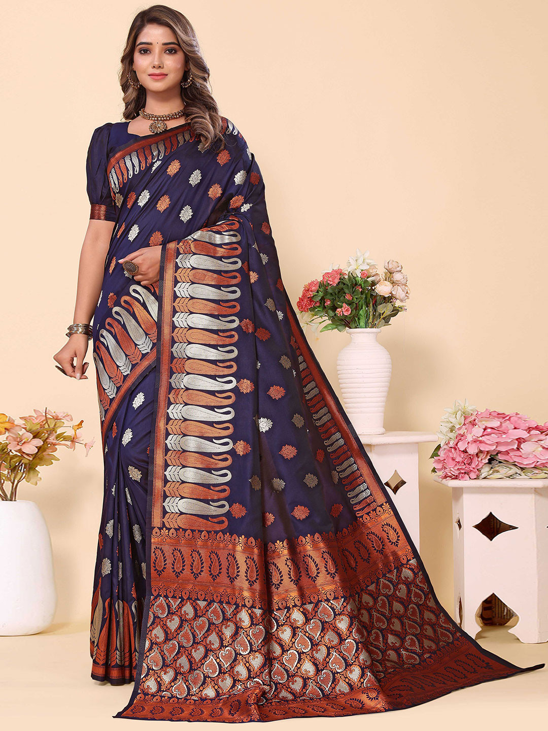 

Ekta Textiles Ethnic Motifs Woven Design Zari Pure Silk Banarasi Saree, Navy blue