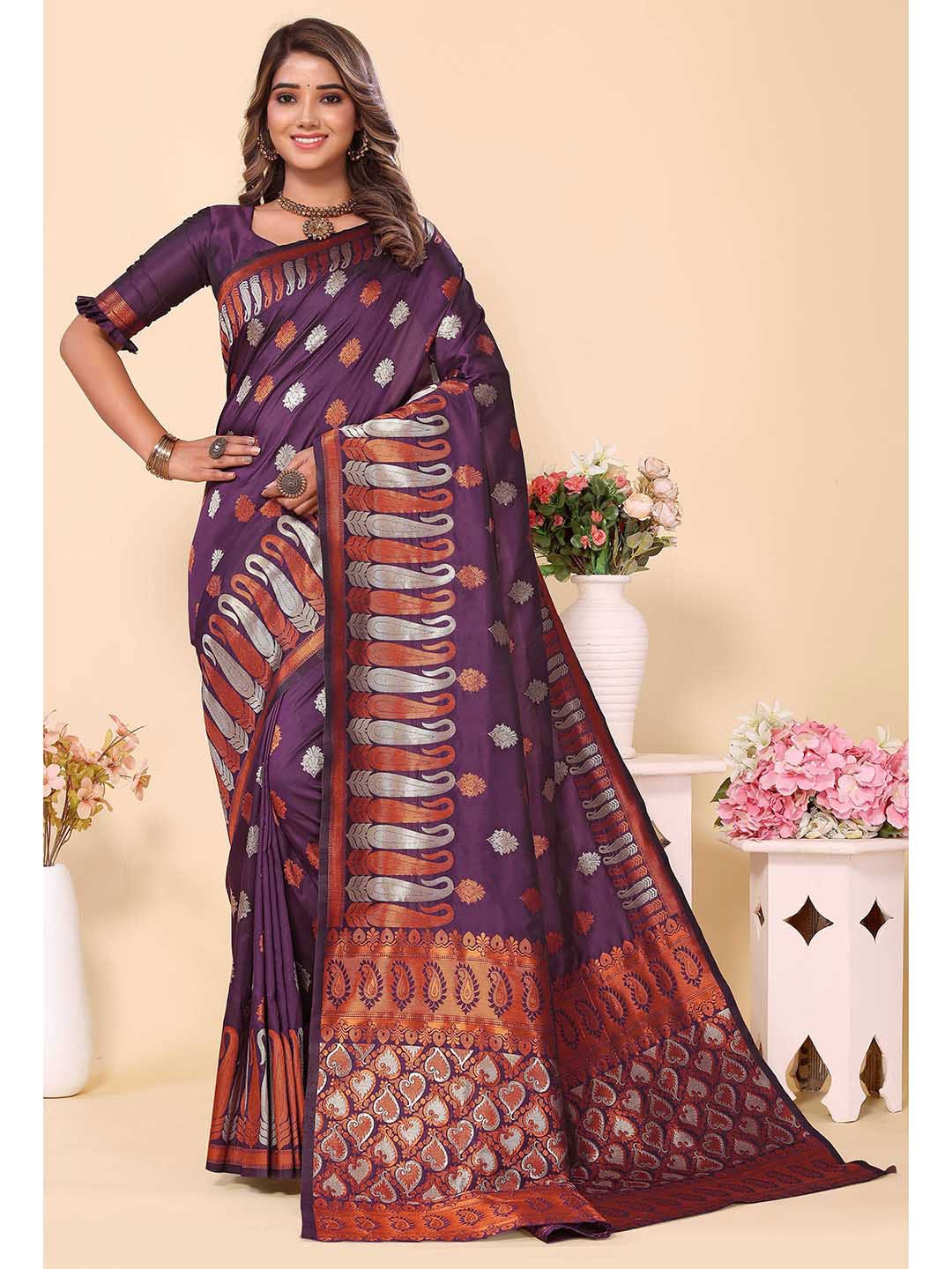 

Ekta Textiles Ethnic Motifs Woven Design Zari Pure Silk Banarasi Saree, Purple