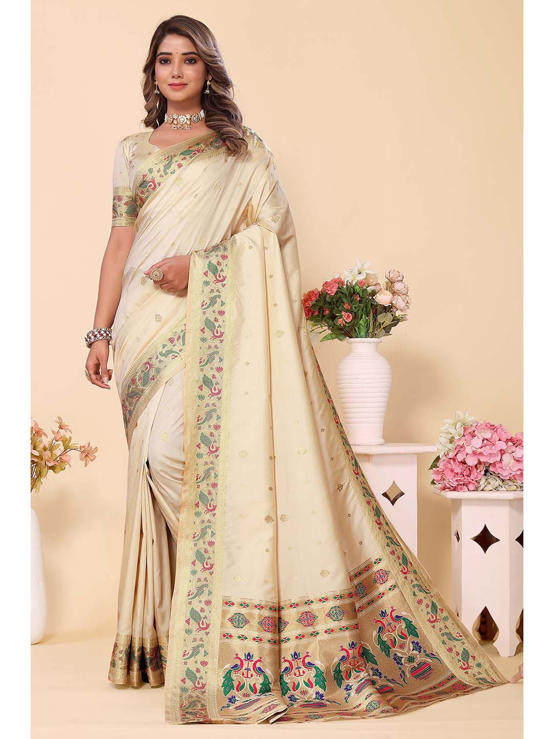 

Ekta Textiles Ethnic Motifs Woven Design Zari Pure Silk Ready to Wear Banarasi Saree, Cream