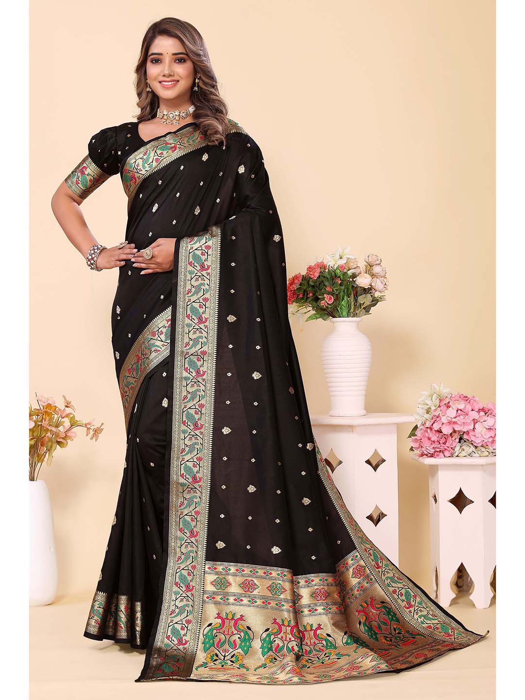 

Ekta Textiles Ethnic Motifs Woven Design Zari Pure Silk Ready to Wear Banarasi Saree, Black