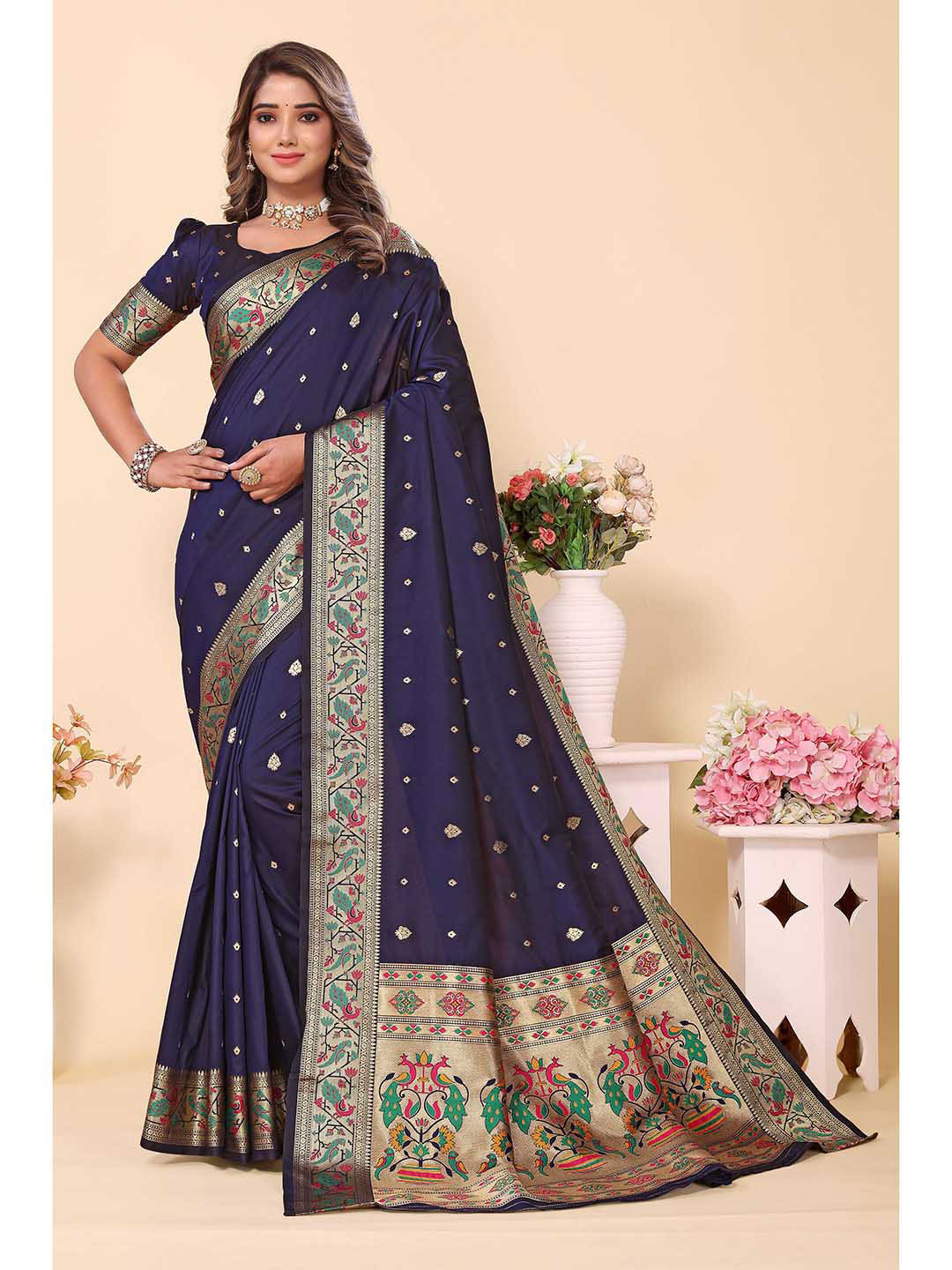 

Ekta Textiles Ethnic Motifs Woven Design Zari Pure Silk Banarasi Saree, Navy blue