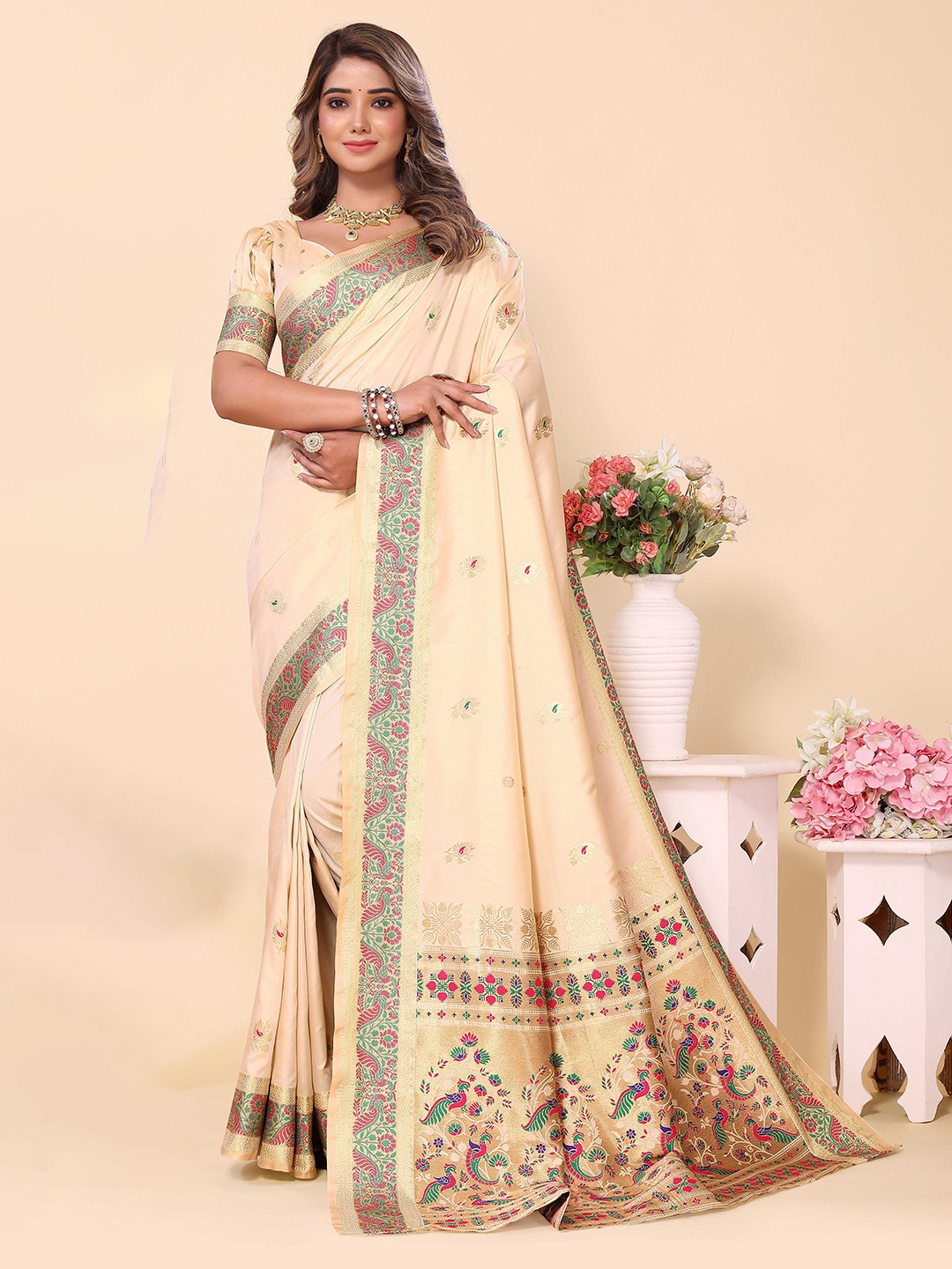

Ekta Textiles Ethnic Motifs Woven Design Zari Pure Silk Banarasi Saree, Cream