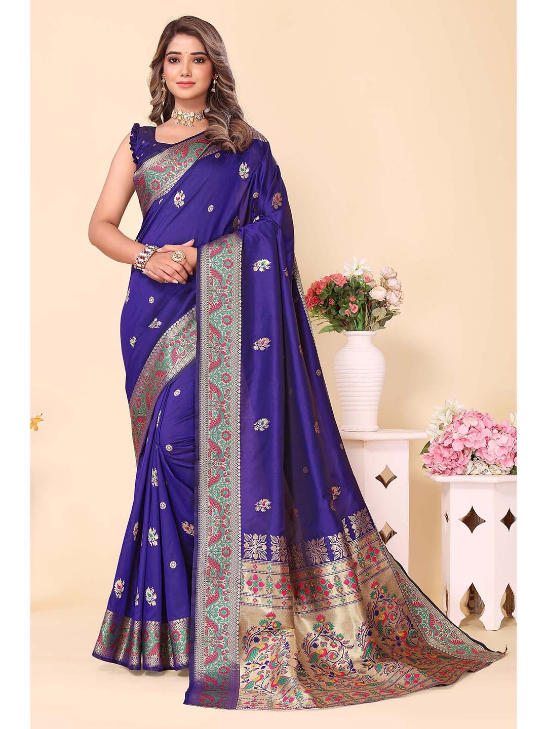 

Ekta Textiles Ethnic Motifs Woven Design Zari Pure Silk Banarasi Saree, Blue