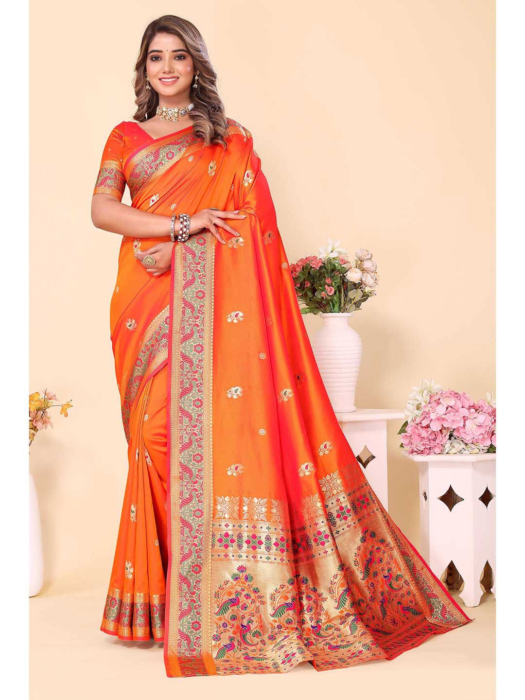 

Ekta Textiles Ethnic Motifs Woven Design Zari Pure Silk Ready to Wear Banarasi Saree, Orange