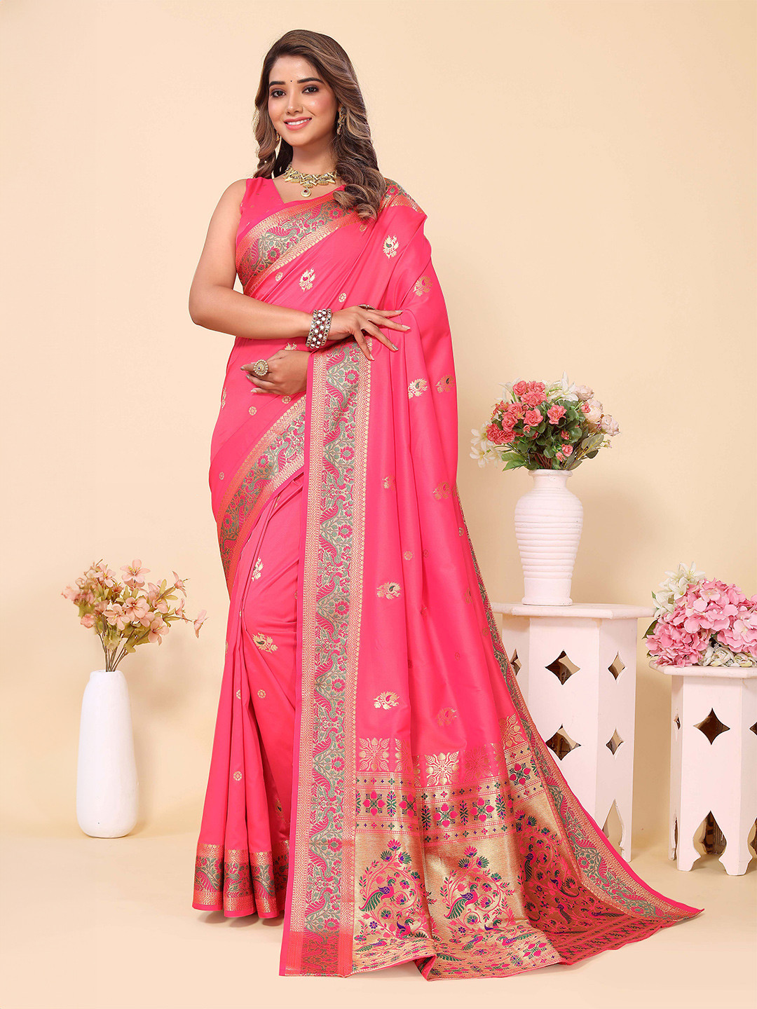 

Ekta Textiles Ethnic Motifs Woven Design Zari Pure Silk Banarasi Saree, Pink