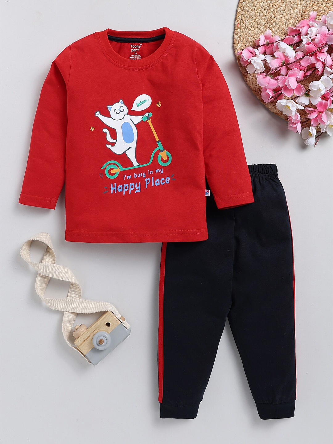

Toonyport Boys Printed Pure Cotton T-shirt with Trousers, Red