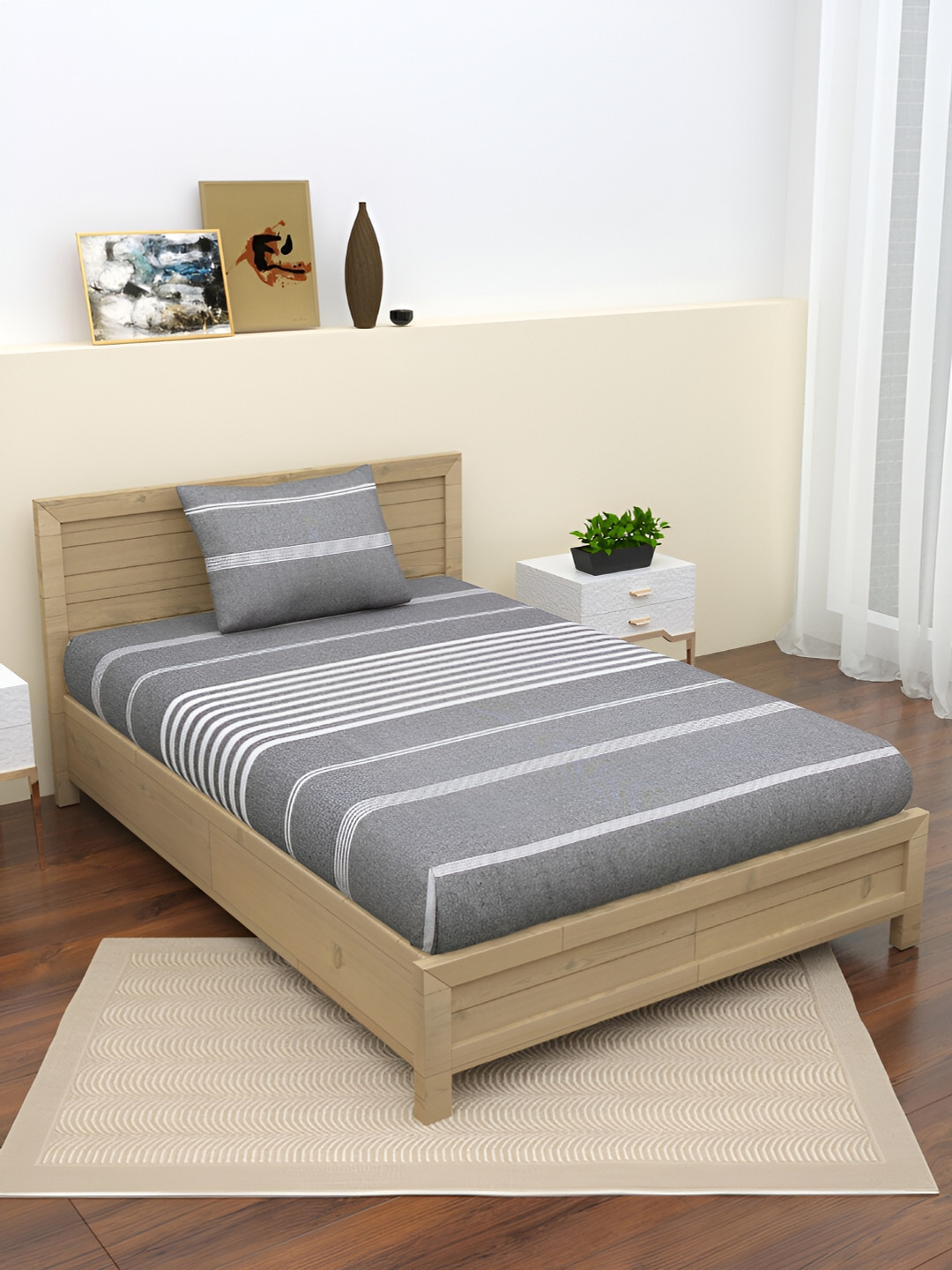 

Homez Sparrow Grey & White Striped 160 TC Single Bedsheet With Pillow Cover