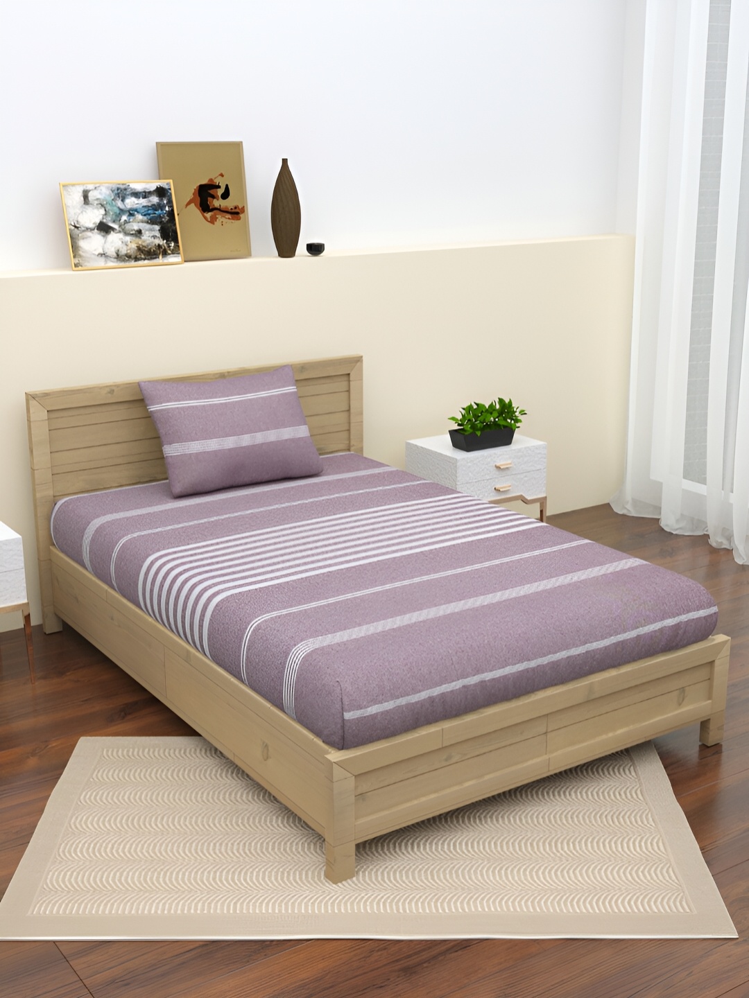 

Homez Sparrow Maroon Striped 160 TC Single Bedsheet with Pillow Cover