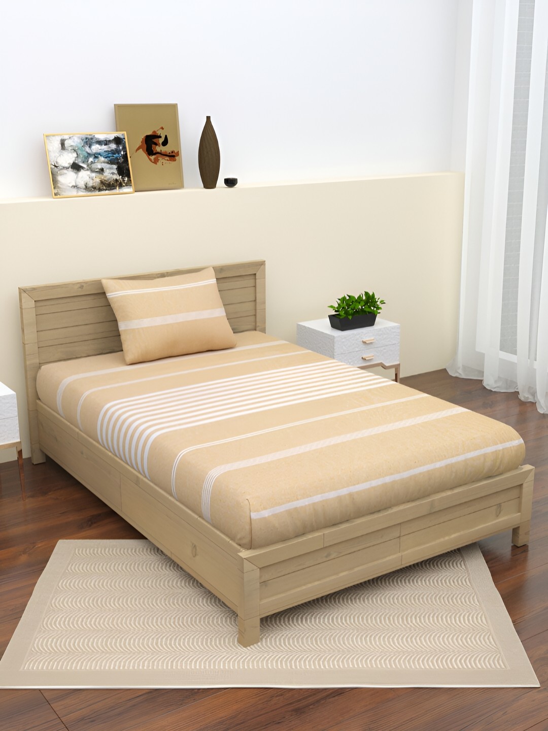 

Homez Sparrow Yellow Striped 160 TC Single Bedsheet with Pillow Cover
